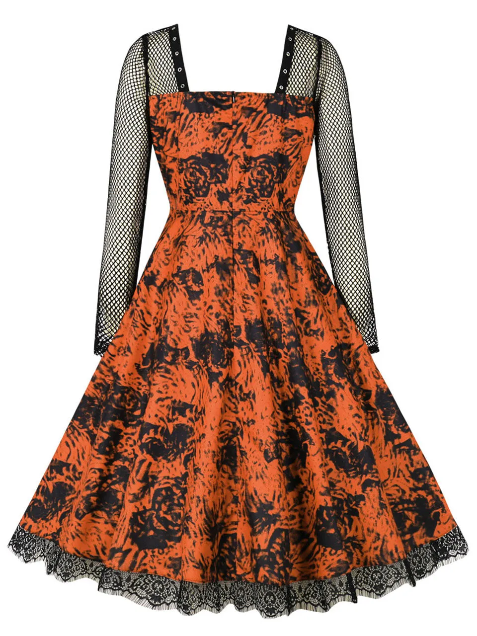 1950S Halloween Lace Floral Printed Long Sleeve Vintage Dress