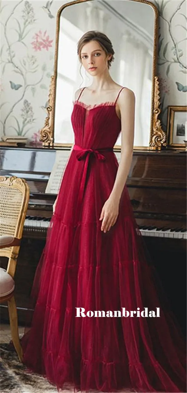 A-line Spaghetti Straps Strapless Long Burgundy Tulle Prom Dresses, PD0801