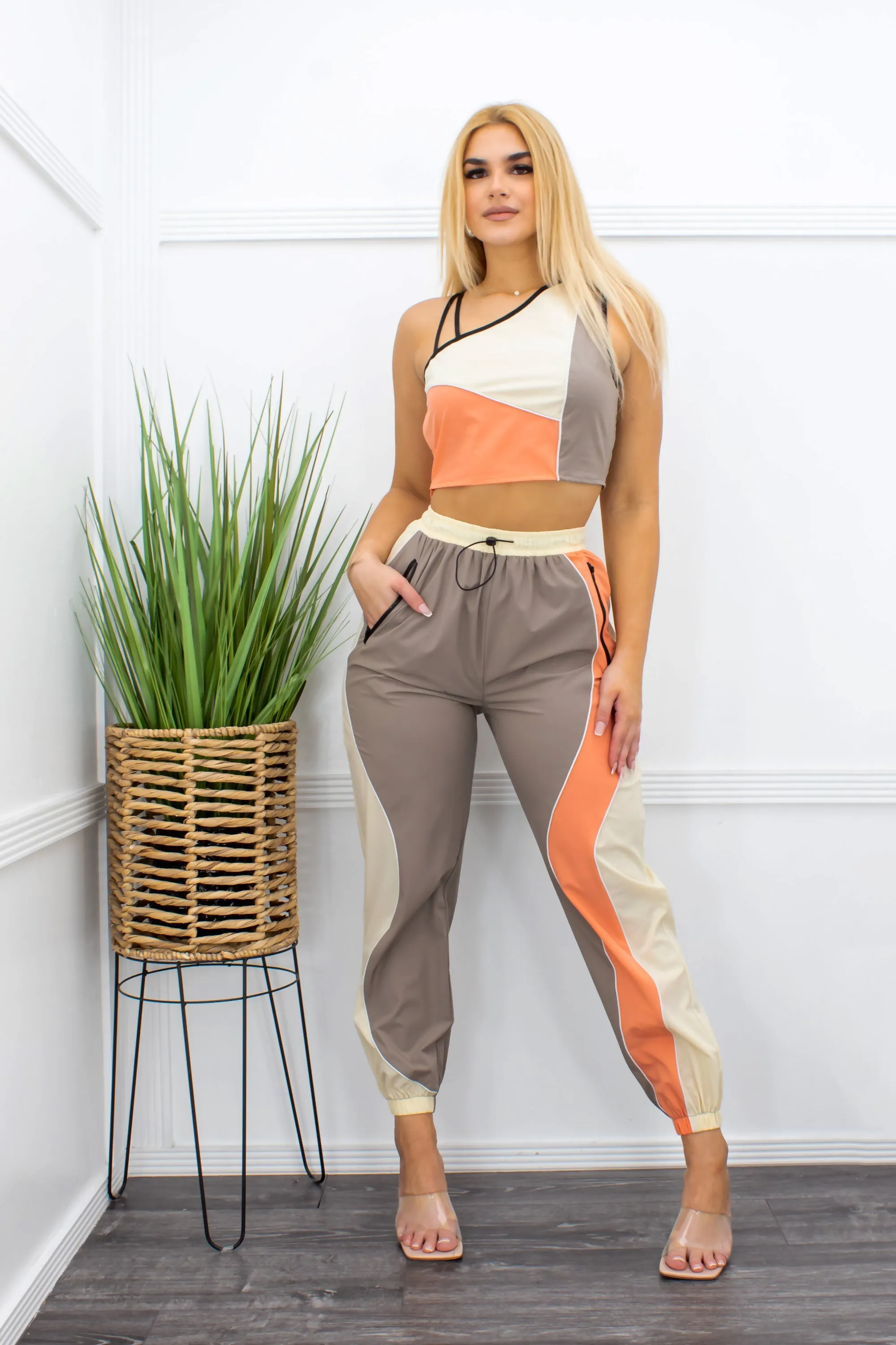 A X One Shoulder Crop Top Pant Set Tan