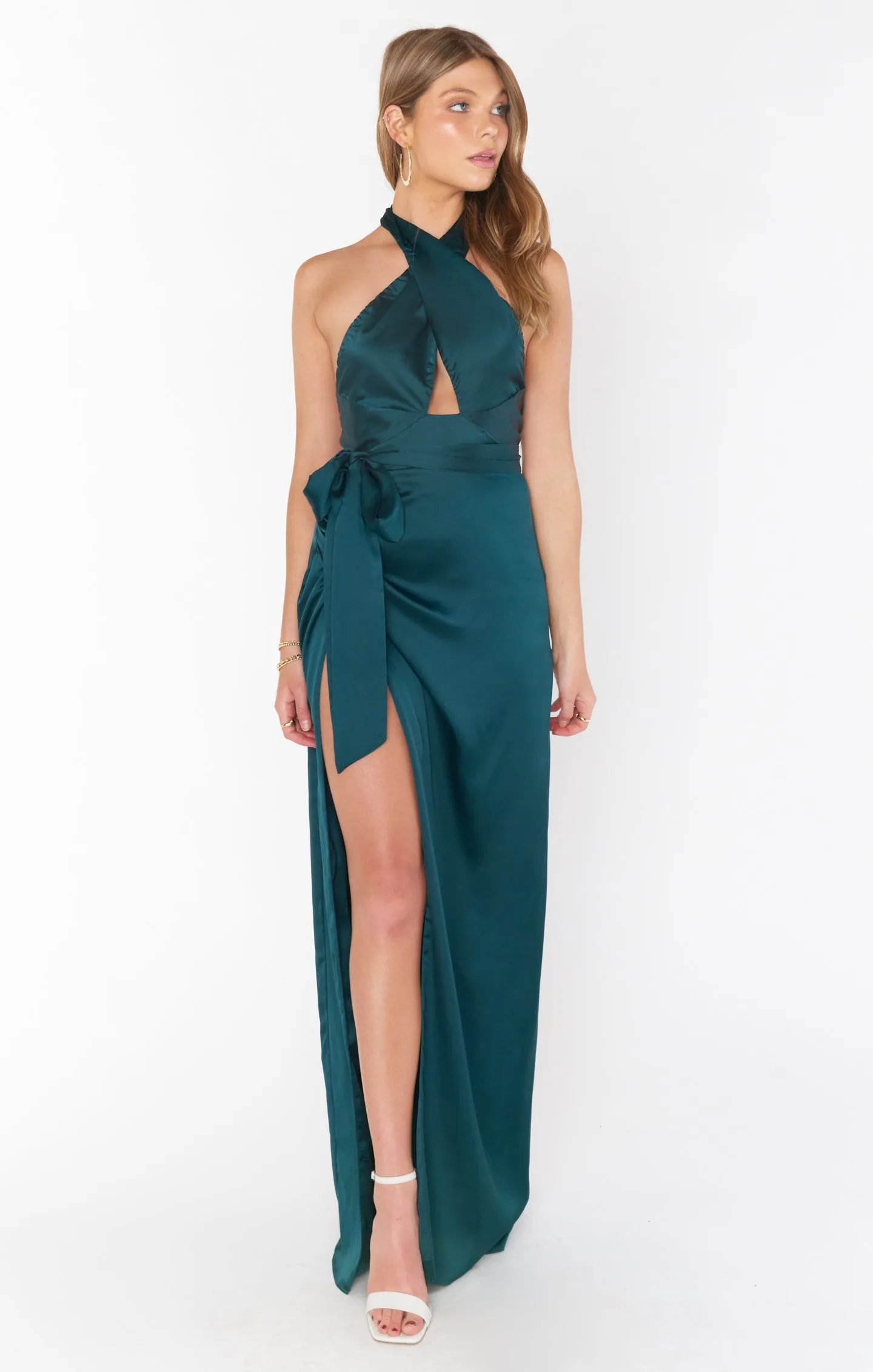 Adele Halter Maxi Dress ~ Deep Emerald Luxe Satin