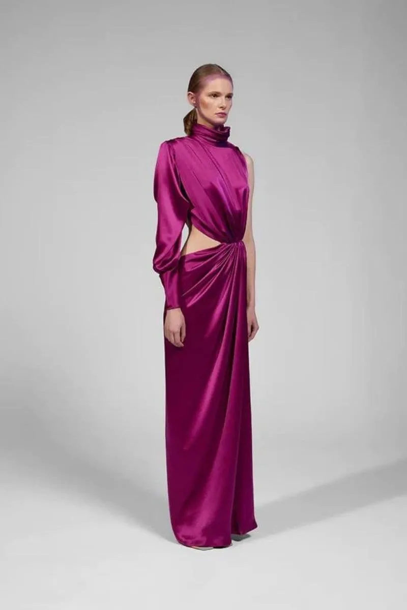 AMARILLIS DRAPED ASYMMETRIC SILK MAXI DRESS