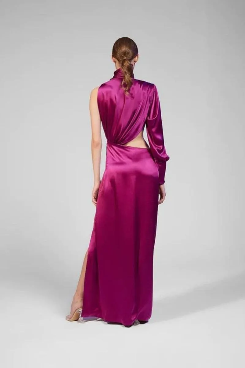 AMARILLIS DRAPED ASYMMETRIC SILK MAXI DRESS