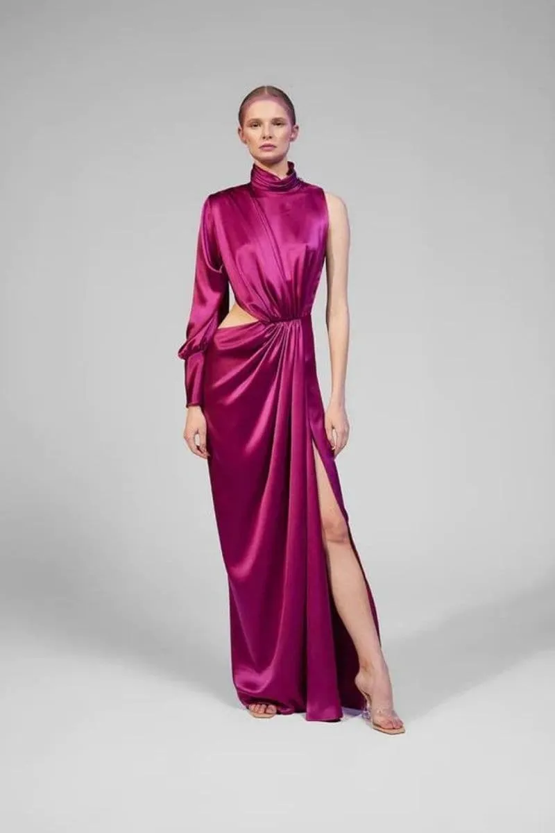 AMARILLIS DRAPED ASYMMETRIC SILK MAXI DRESS