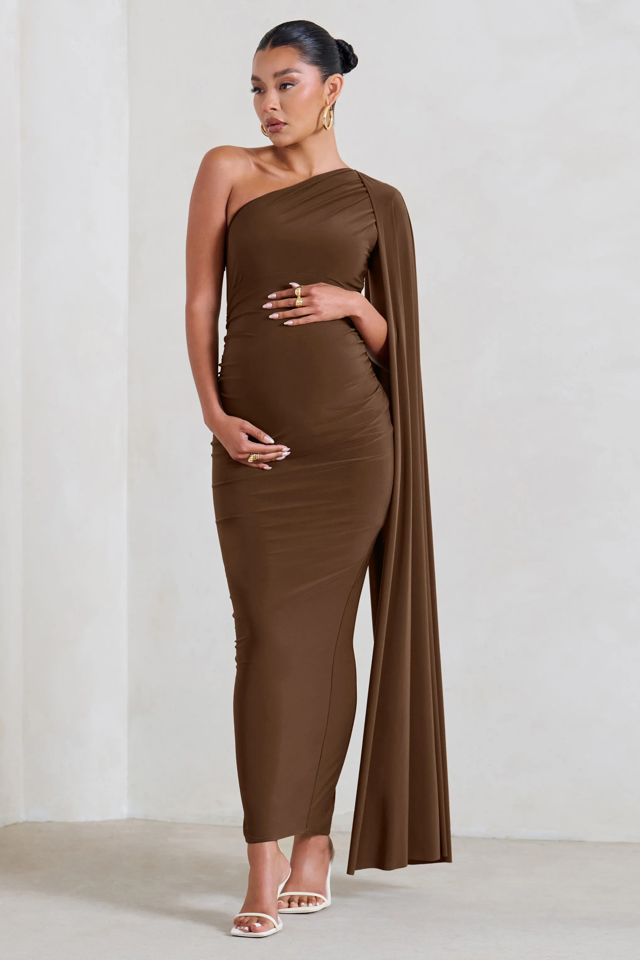 Amaryllis | Chocolate Maternity One Shoulder Maxi Dress with Cape Sleeve