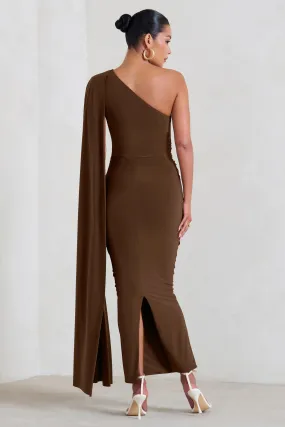 Amaryllis | Chocolate Maternity One Shoulder Maxi Dress with Cape Sleeve