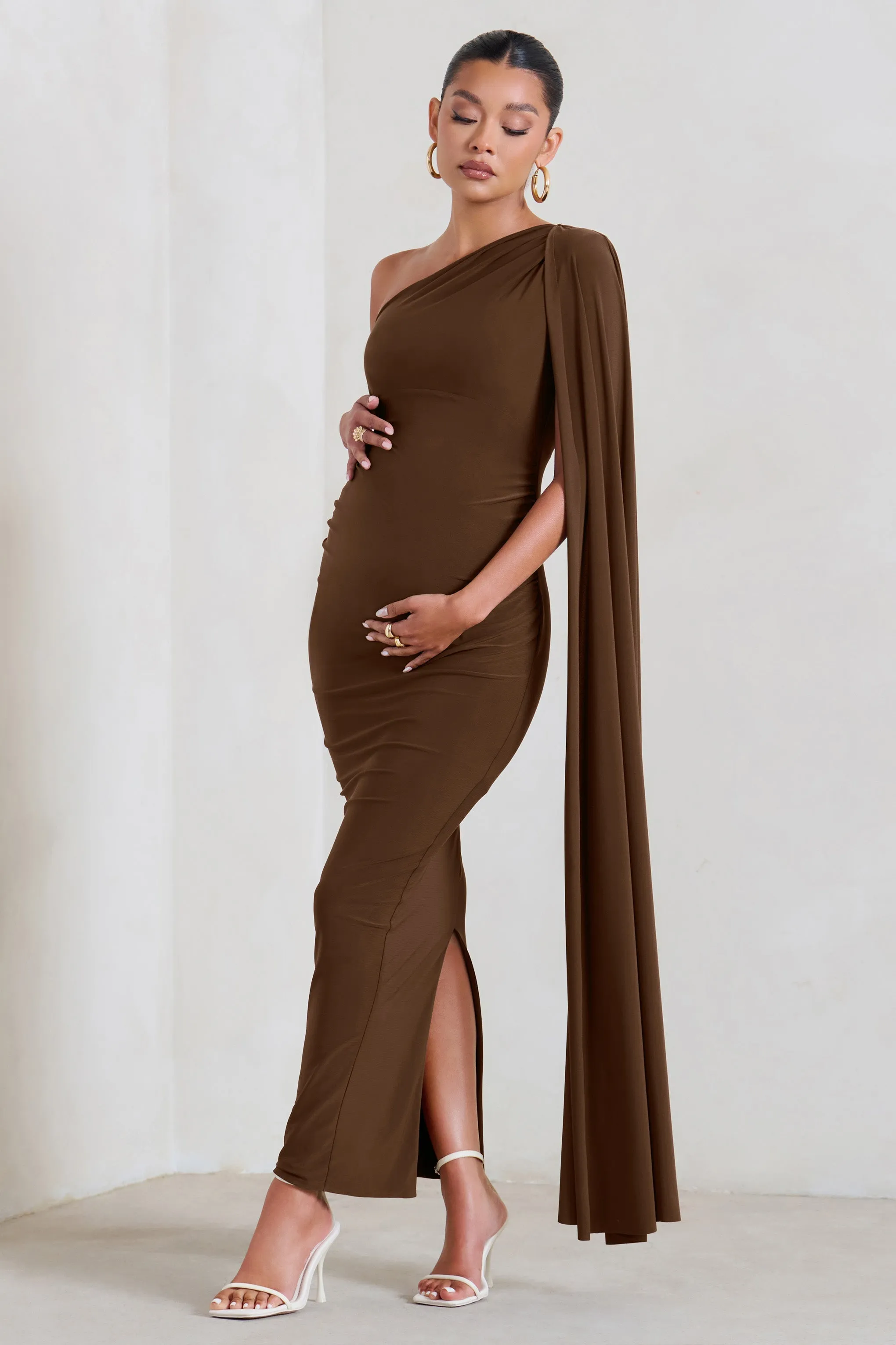 Amaryllis | Chocolate Maternity One Shoulder Maxi Dress with Cape Sleeve