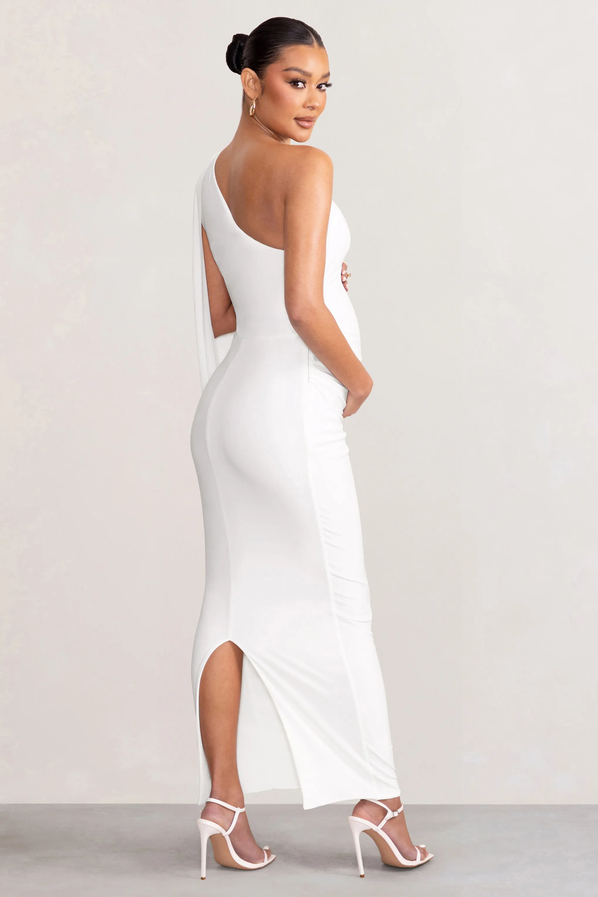 Amaryllis | White Maternity One Shoulder Maxi Dress with Cape Sleeve