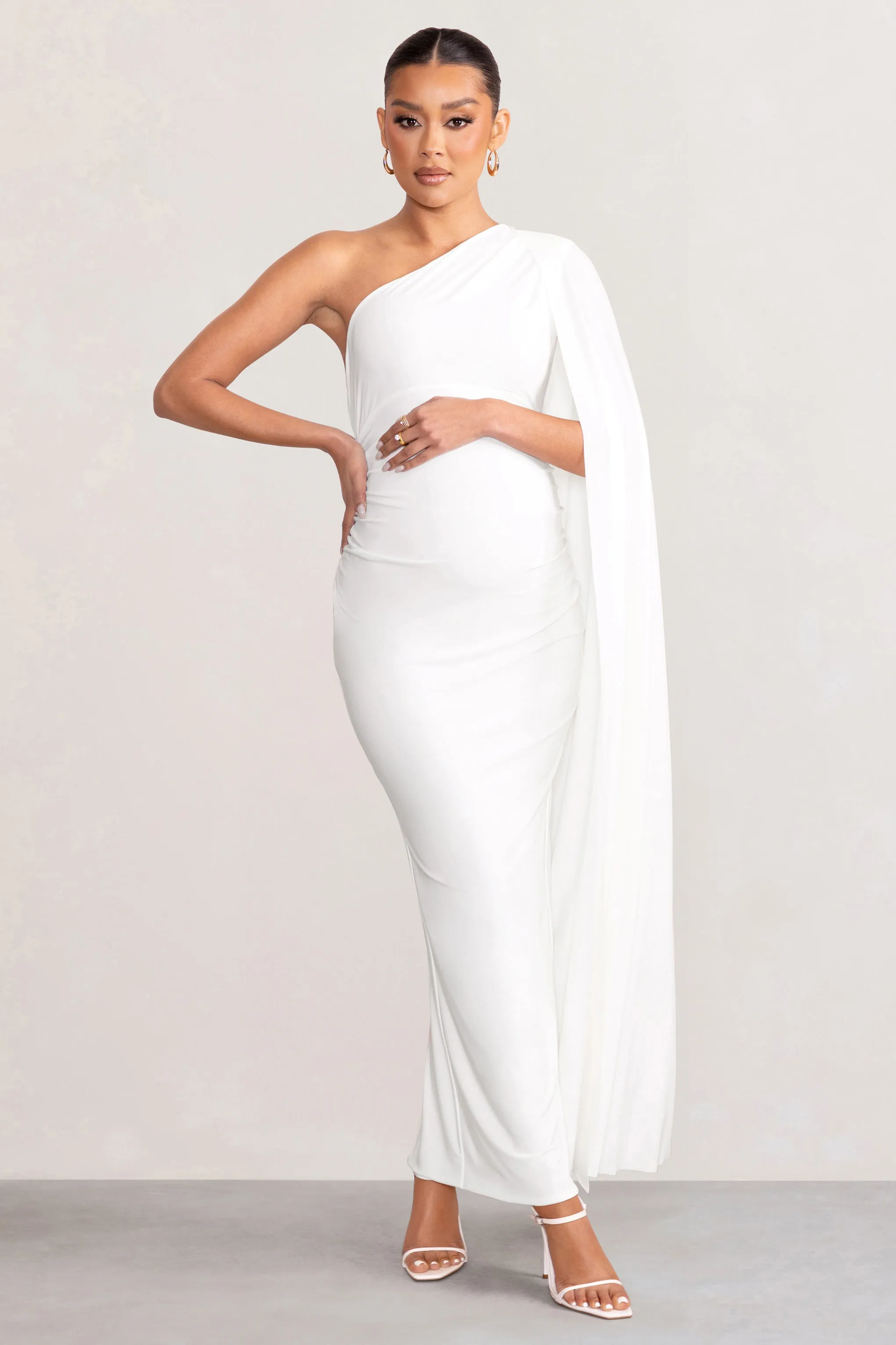 Amaryllis | White Maternity One Shoulder Maxi Dress with Cape Sleeve