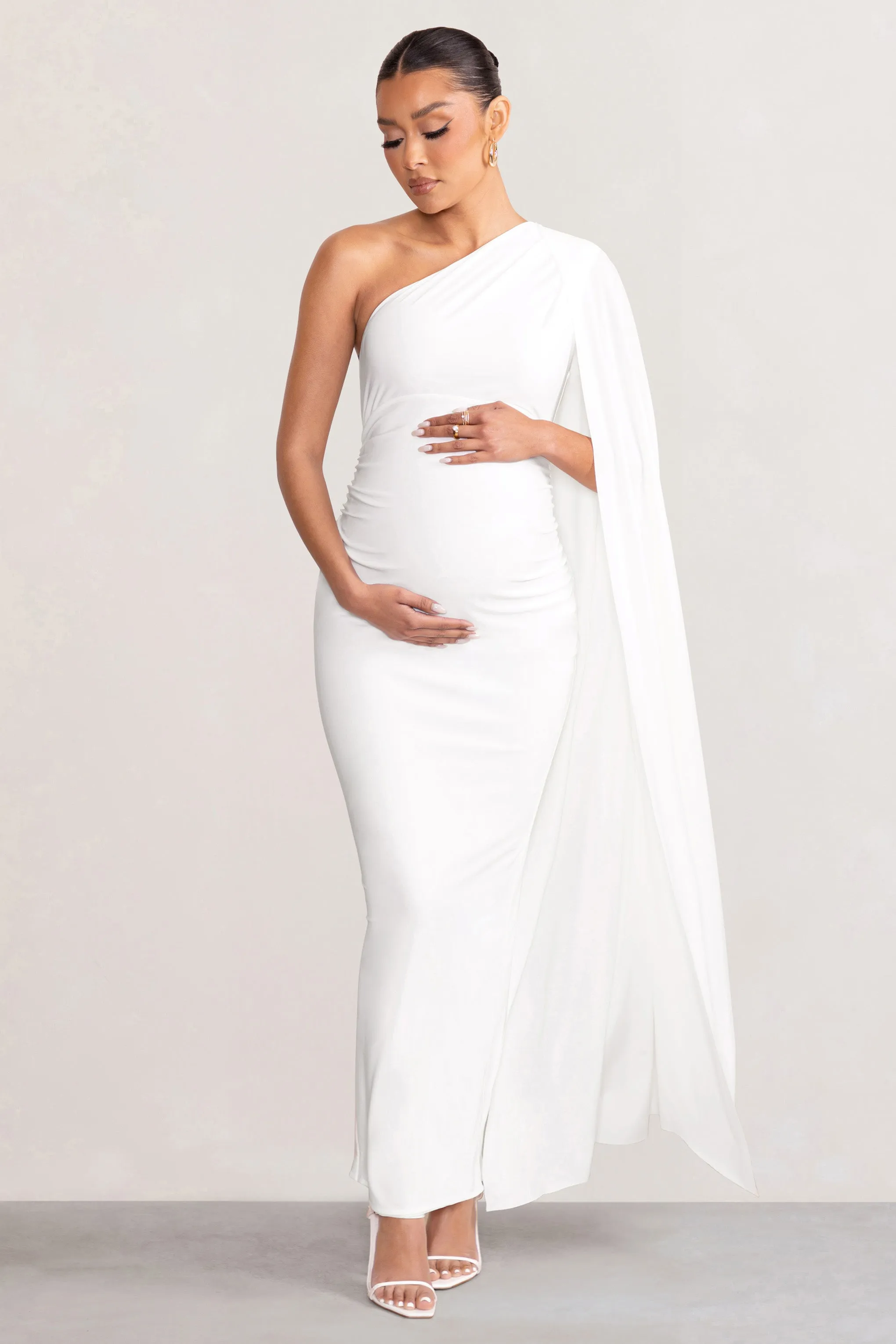 Amaryllis | White Maternity One Shoulder Maxi Dress with Cape Sleeve