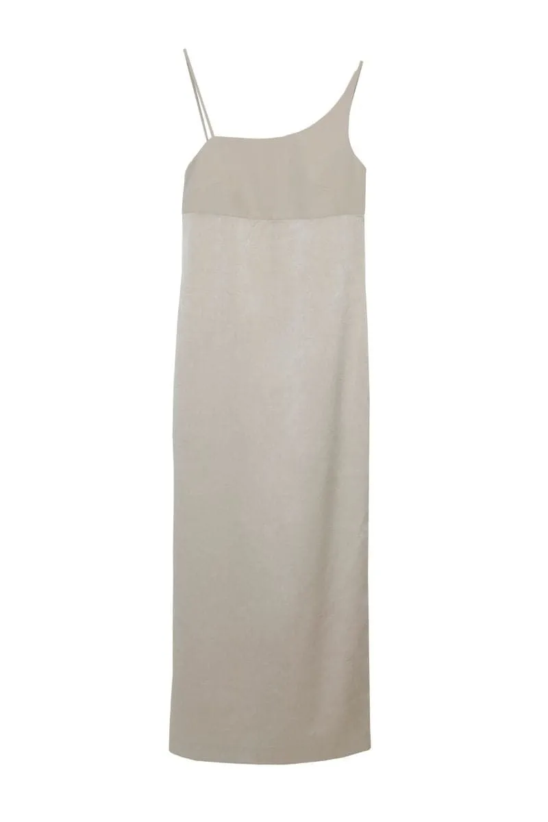 ARANA BEIGE ASYMMETRIC MIDI DRESS