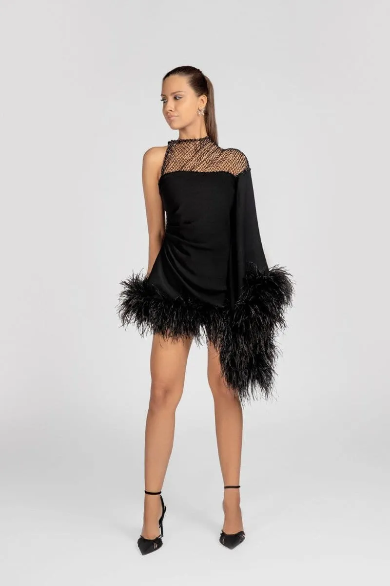 AURORA ASYMMETRIC DRAPED BLACK FEATHER DRESS