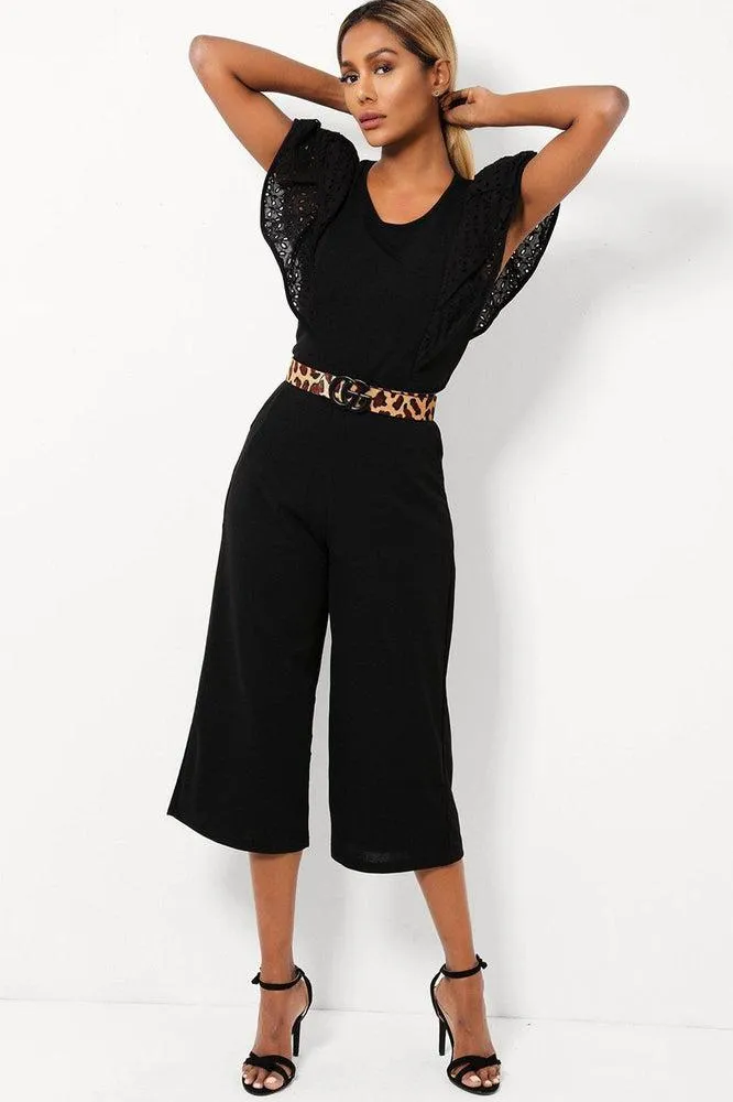 Black Double Wing Sleeves Cropped Wide Leg Jumpsuit