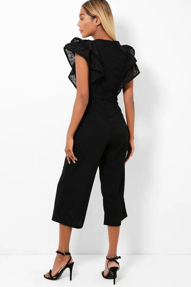 Black Double Wing Sleeves Cropped Wide Leg Jumpsuit