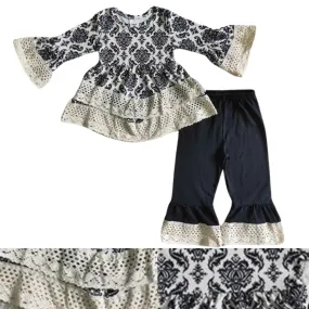 Black Print Long Sleeve Top/Solid Black Pants Autumn/Autumn