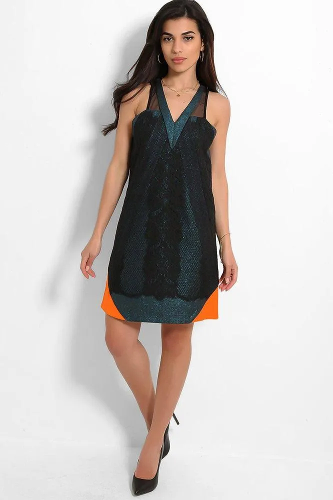 Blue Glitter Jacquard Orange Details V-Neck Shift Dress