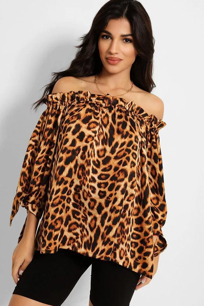 Brown Leopard Print Elastic Off Shoulder Top