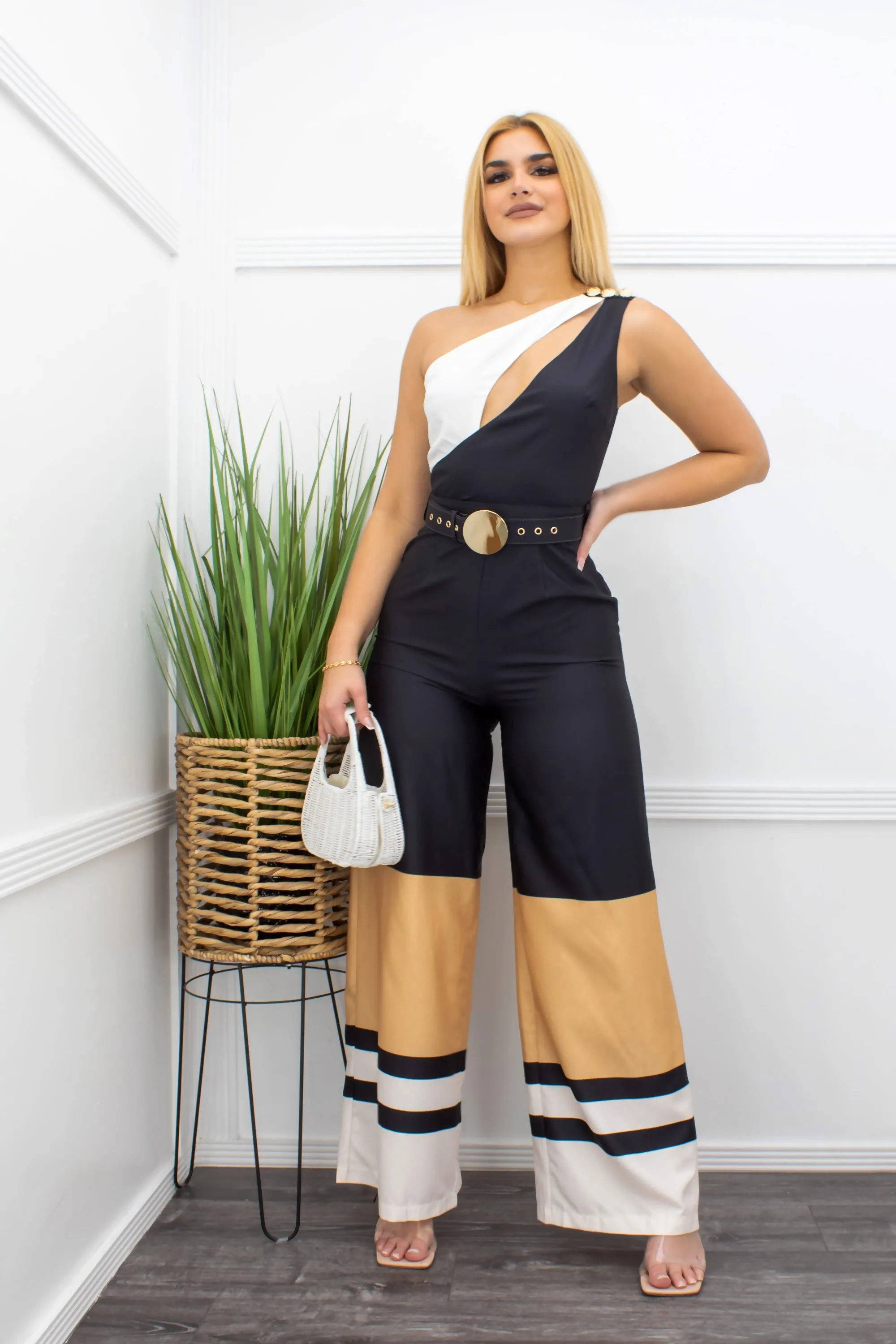 Chiffon One Shoulder Belted Jumpsuit