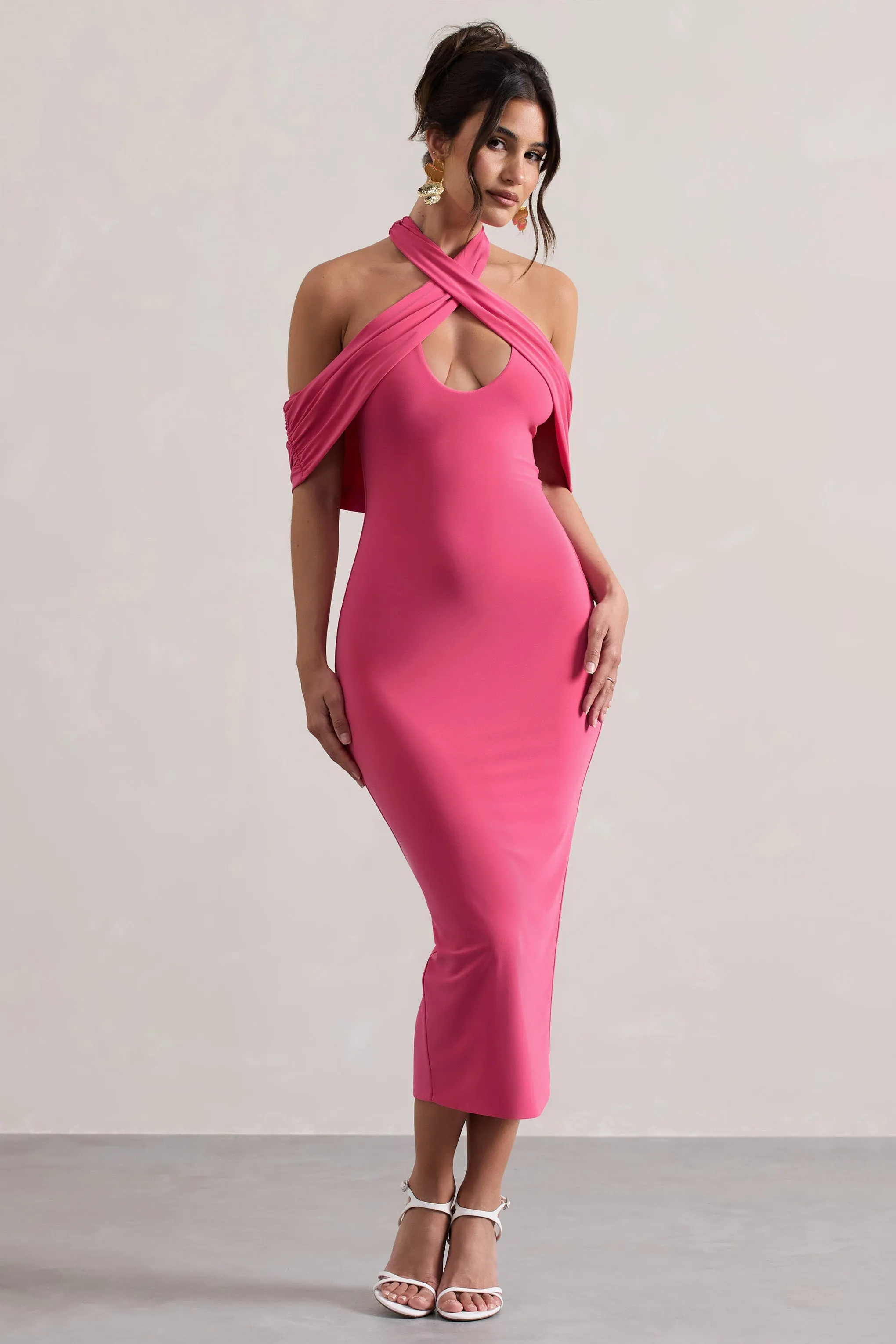 Connect | Coral Bodycon Halter-Neck Midi Dress With Cut-Out