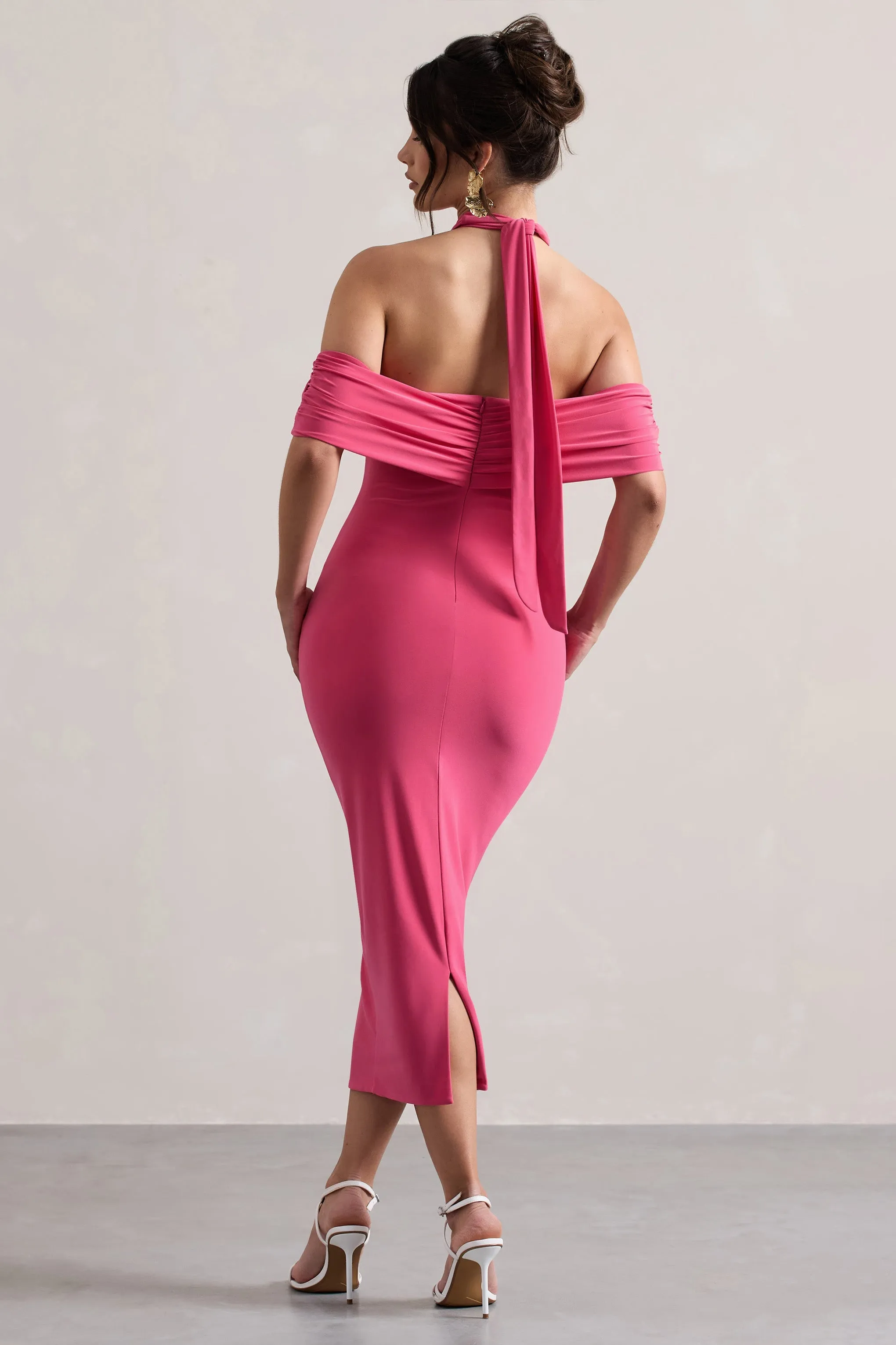 Connect | Coral Bodycon Halter-Neck Midi Dress With Cut-Out