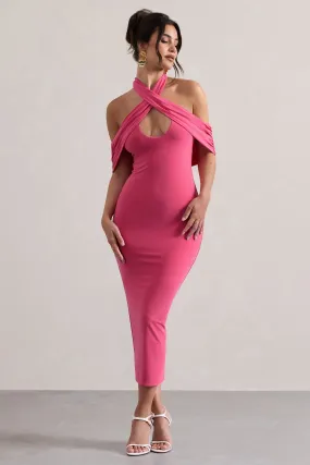 Connect | Coral Bodycon Halter-Neck Midi Dress With Cut-Out