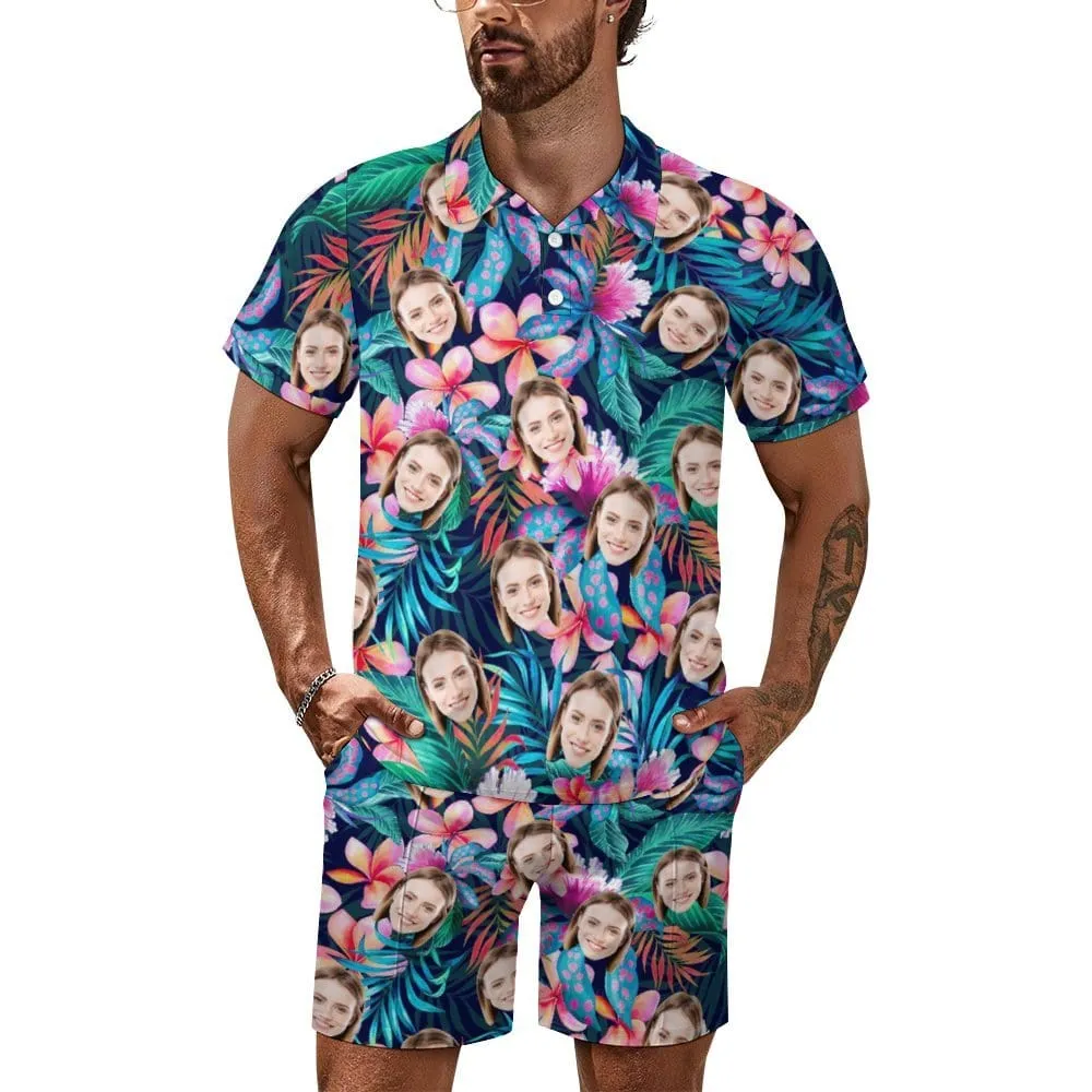 Custom Face Tropical Leaves Men's Polo Shirt and Shorts Set 2 Piece Summer Outfits Fashion Tracksuit Set