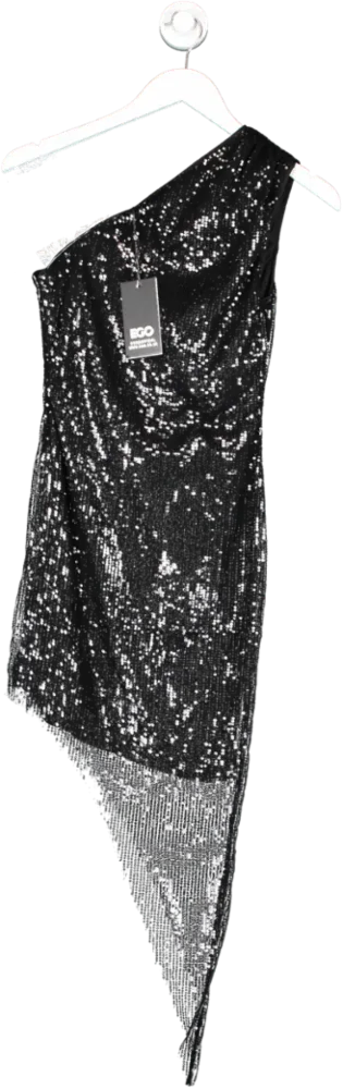 Ego Black One Shoulder Asymmetric Sequin Mini Dress UK 8