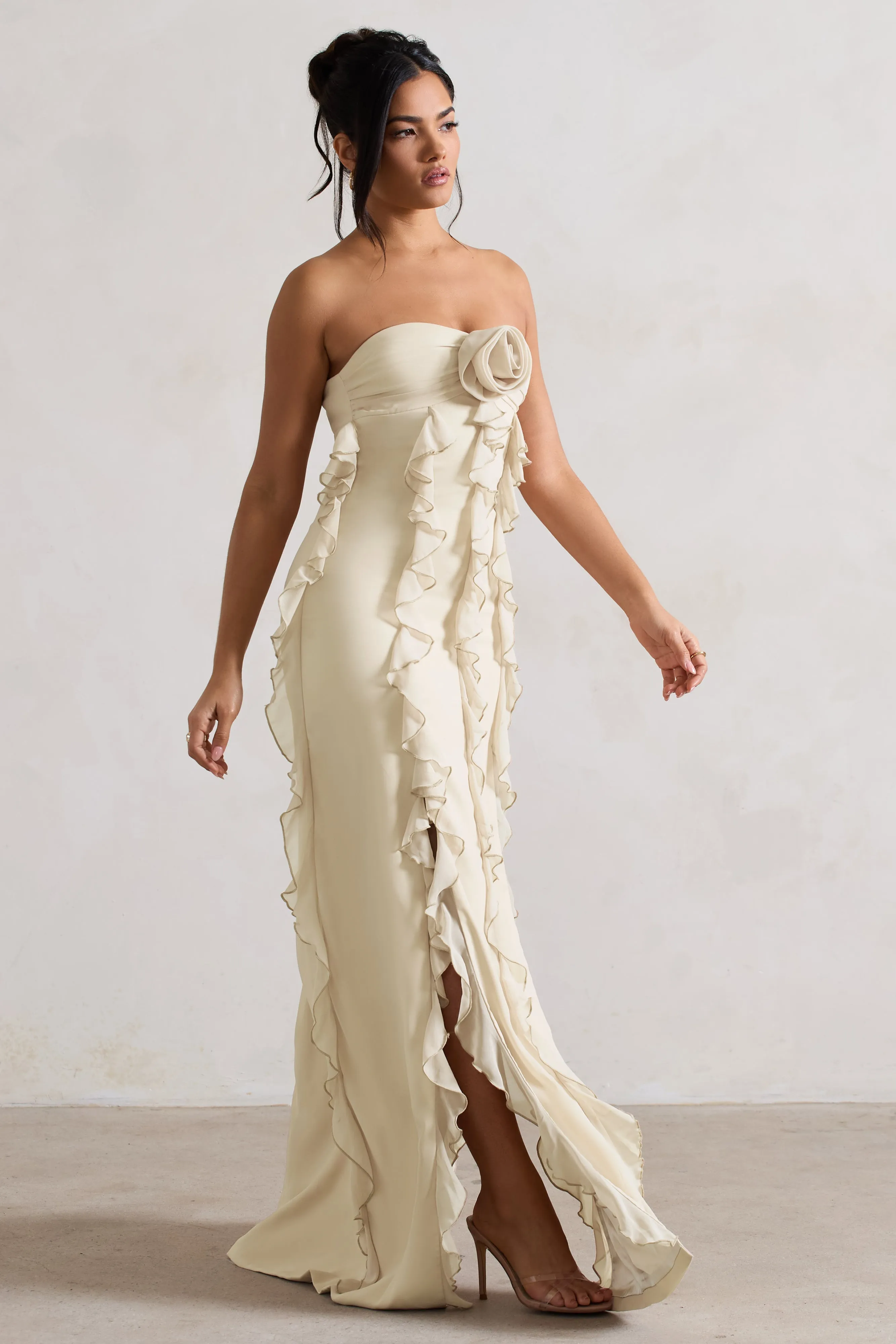 Gardenia | Champagne Strapless Ruffle Maxi Dress With Corsage