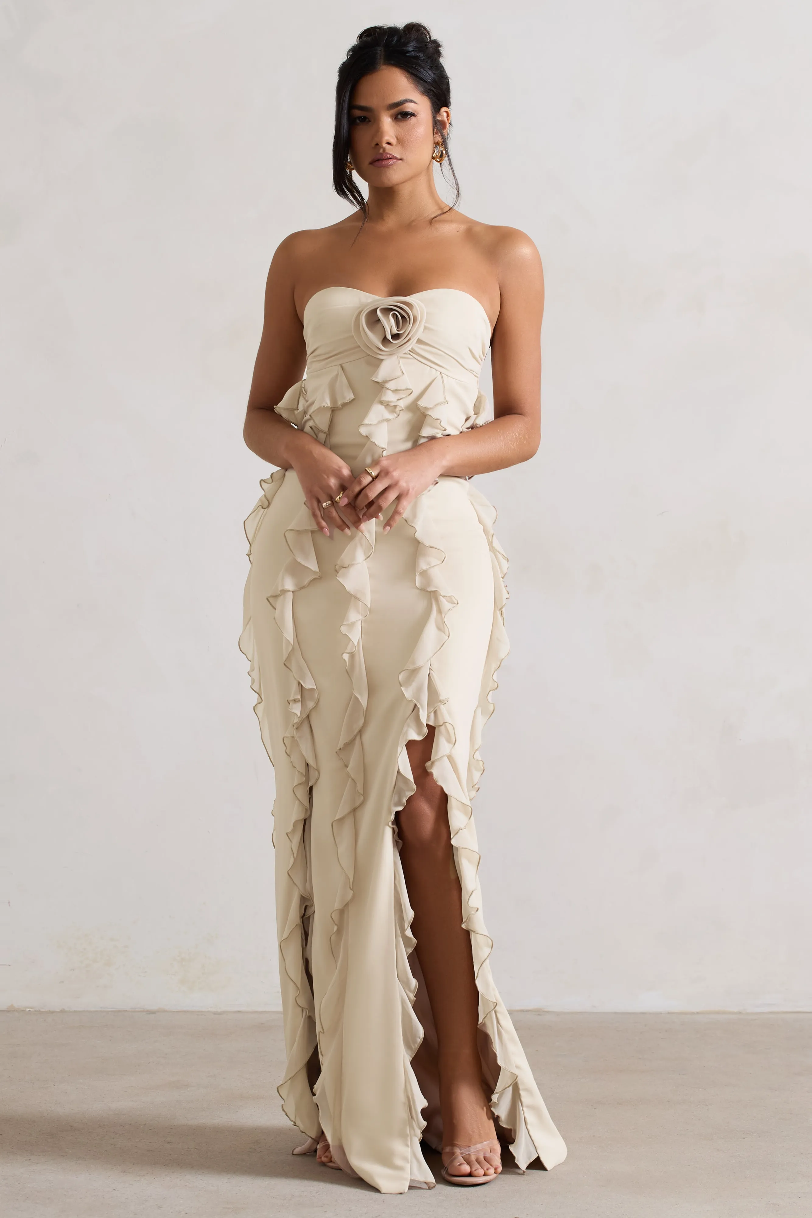 Gardenia | Champagne Strapless Ruffle Maxi Dress With Corsage