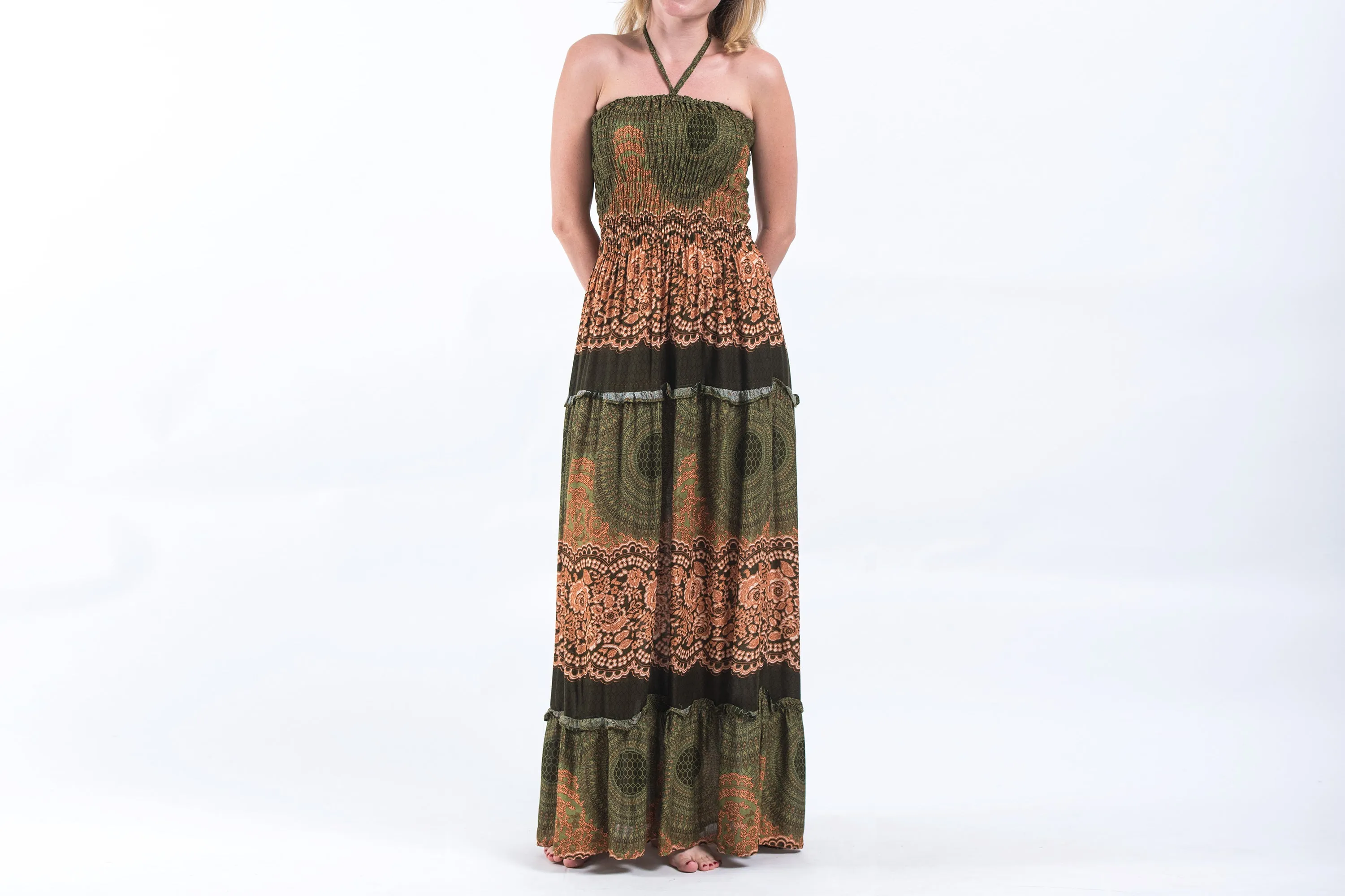 Geometric Mandalas Smocked Bandeau Maxi Dress in Olive