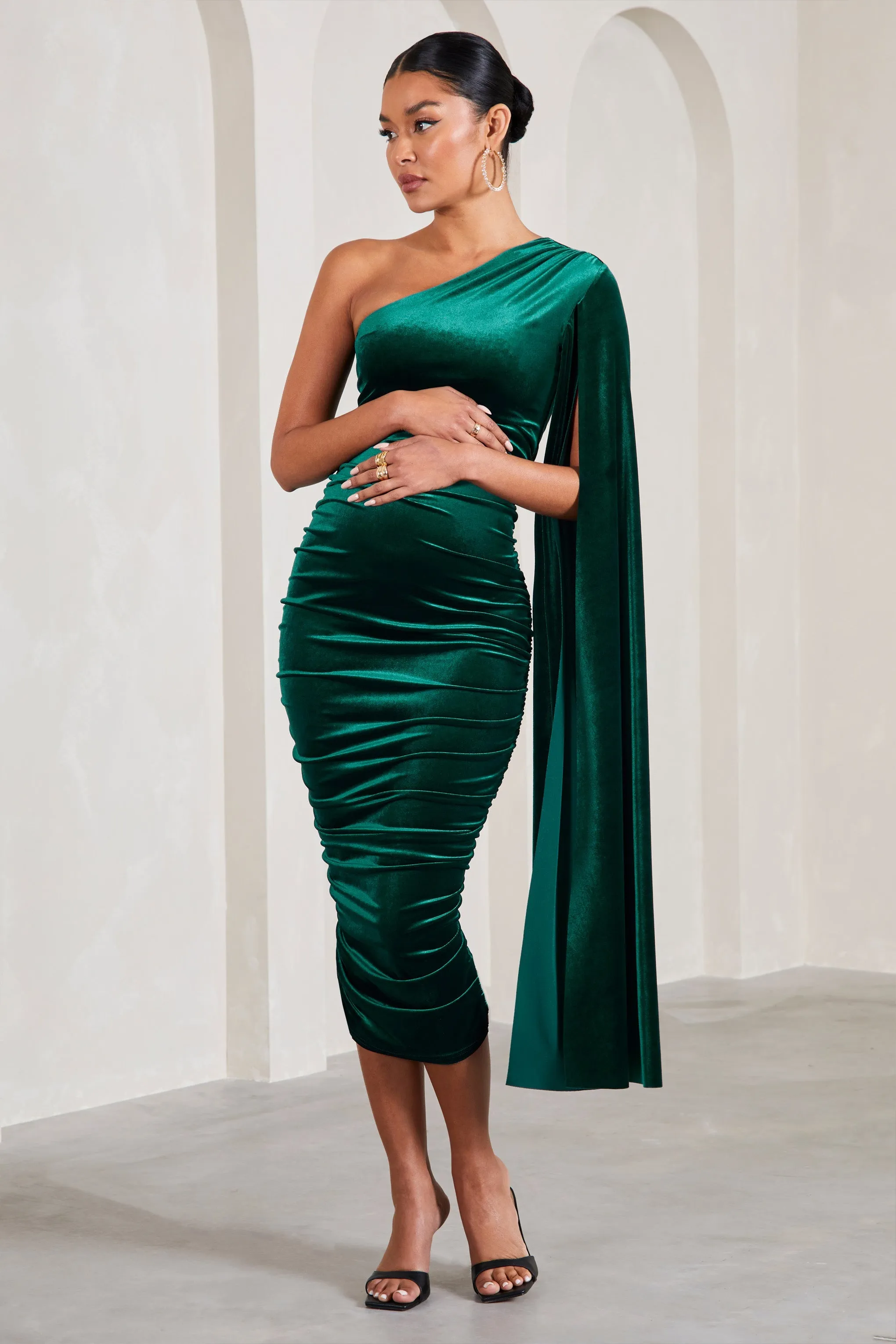 Gianna | Bottle Green Velvet Maternity One Shoulder Cape Bodycon Midi Dress