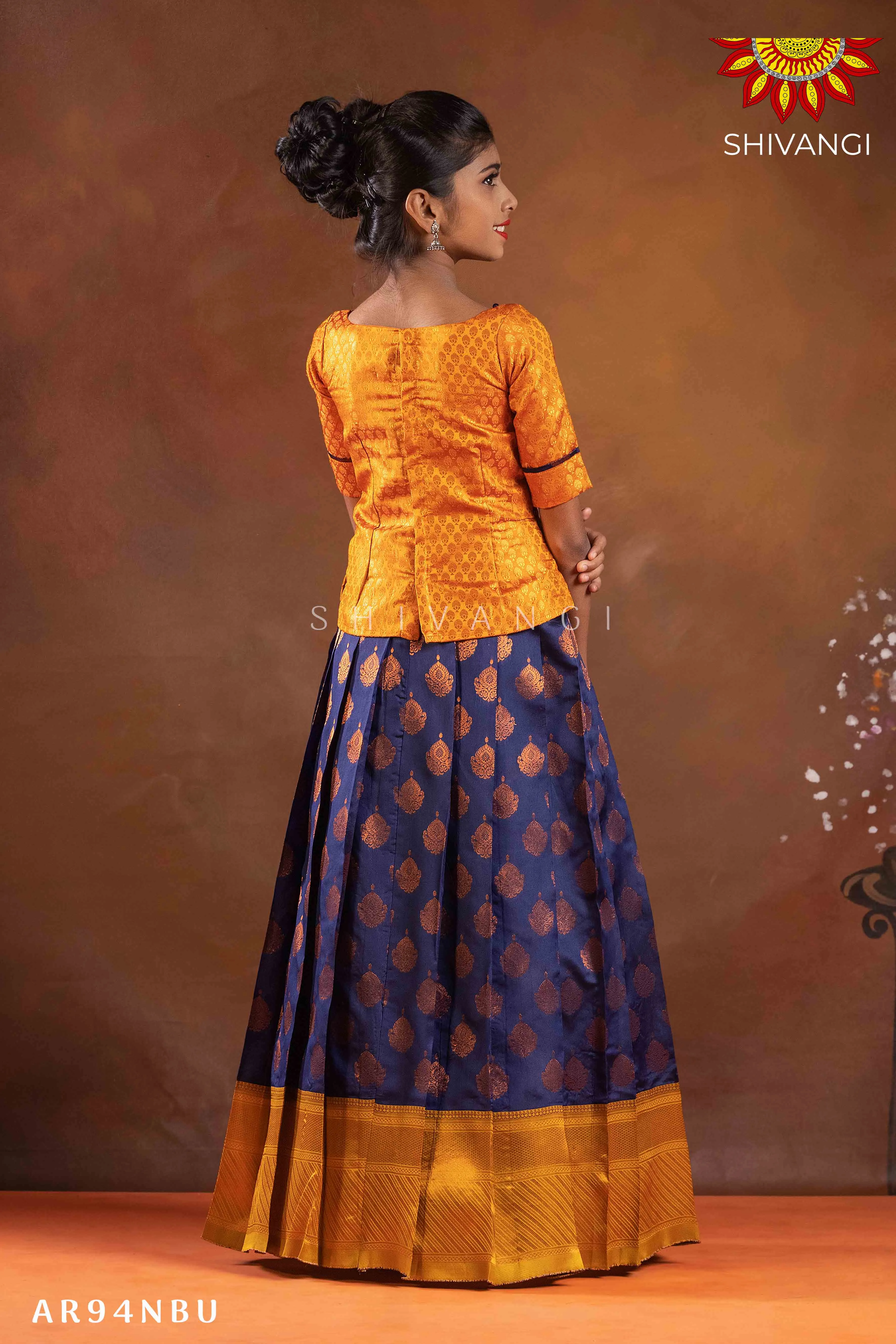 Girl Navy Blue Copper Pendant Pattu Pavadai |Langa