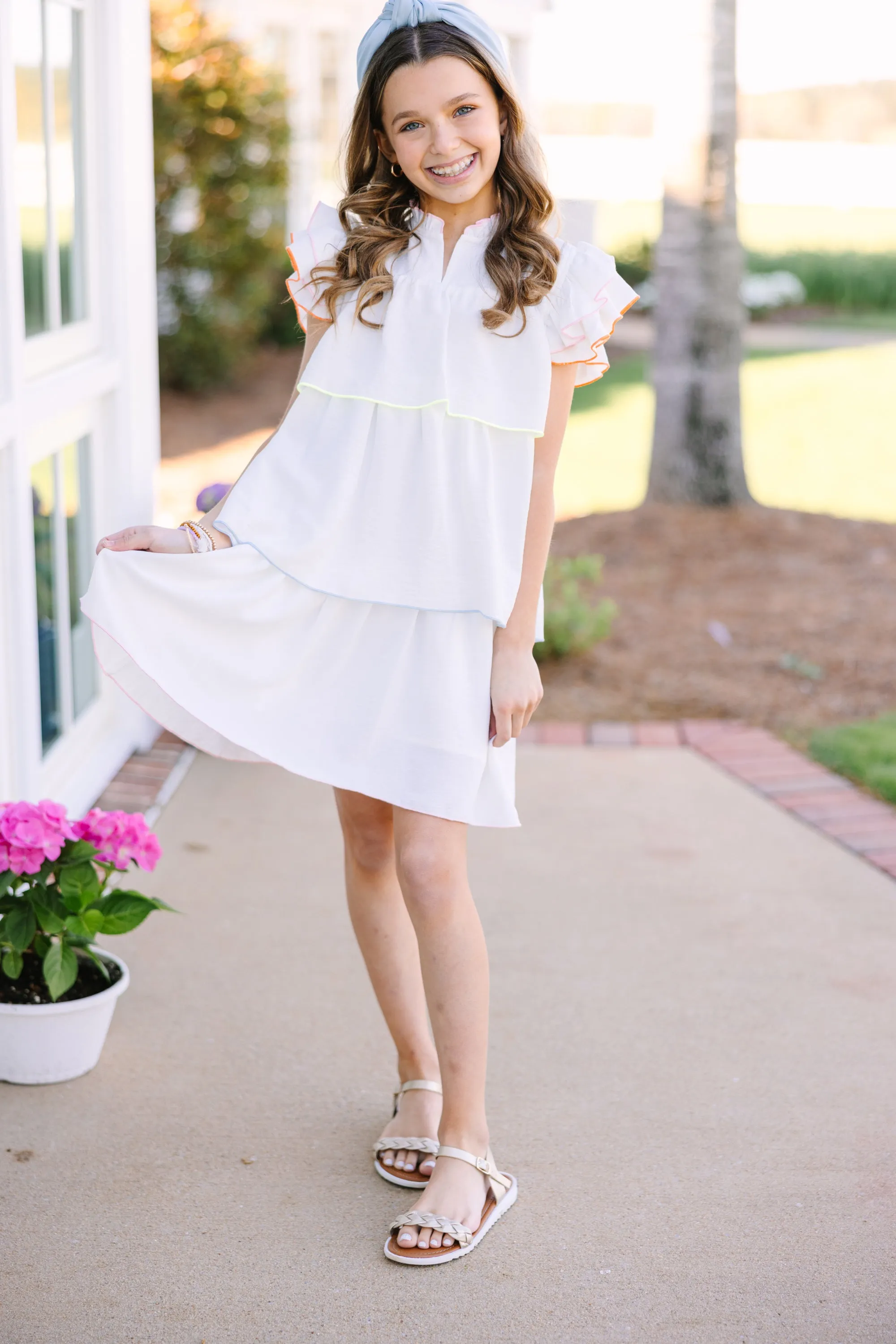 Girls: Always Cute White Colorblock Trim Ruffle Dress