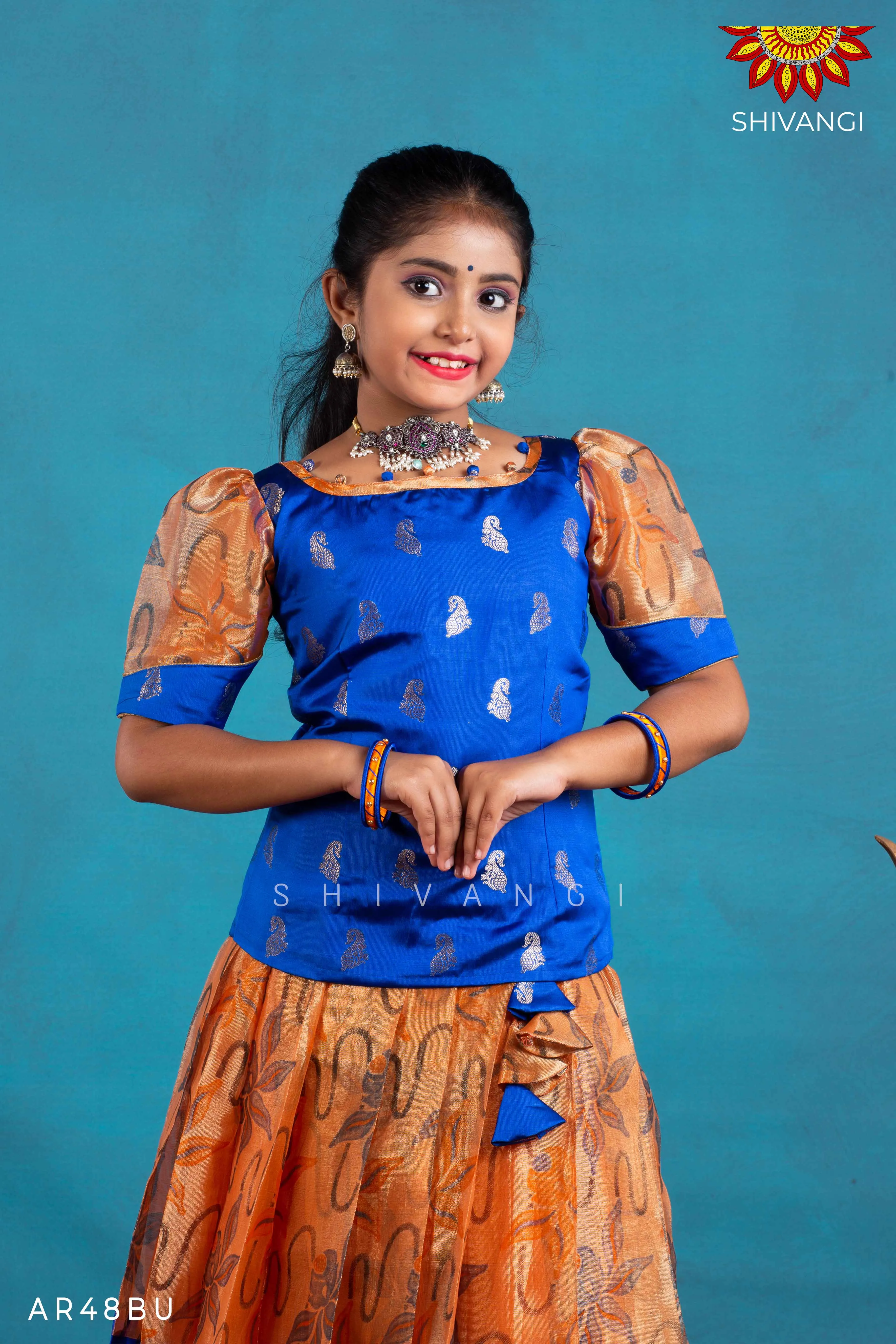 Girls Blue Pink Lilly Pattu Pavadai