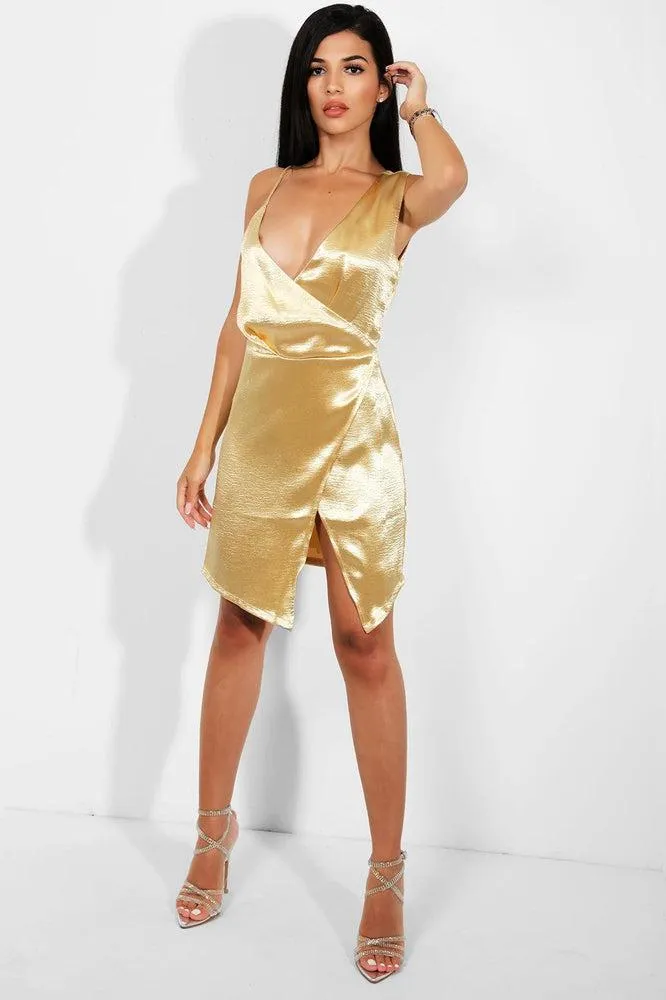 Gold Crushed Satin V-neck Wrap Mini Dress