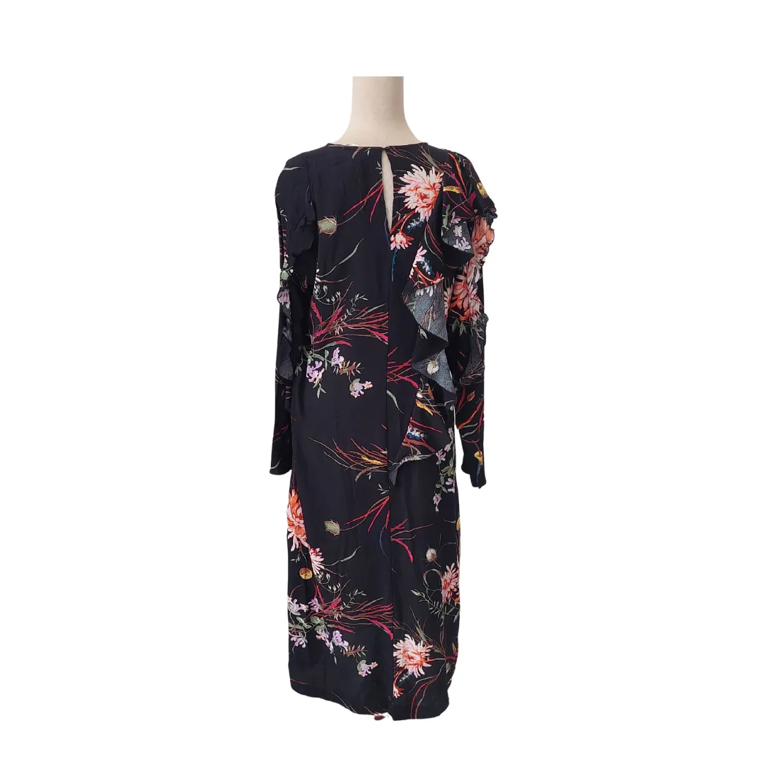 H&M Black Floral Printed Frill Midi Dress | Brand new |