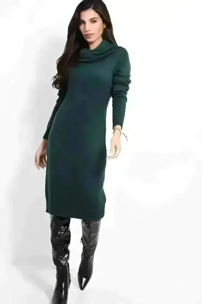 High Cowl Neck Midi Knitted Dress