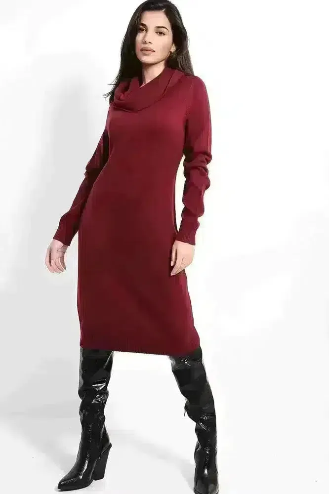 High Cowl Neck Midi Knitted Dress