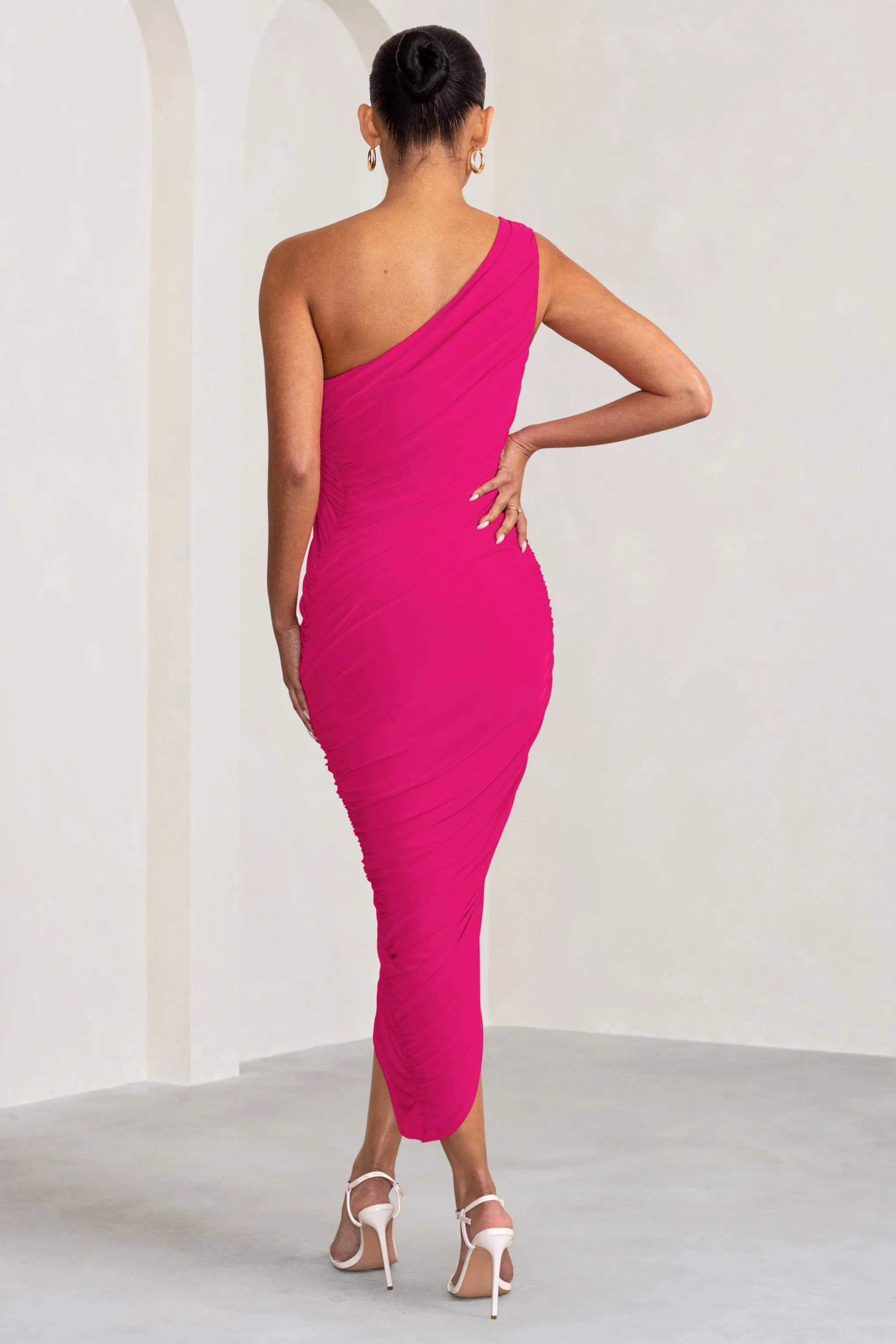 Late Night | Hot Pink Maternity Ruched One Shoulder Midi Dress