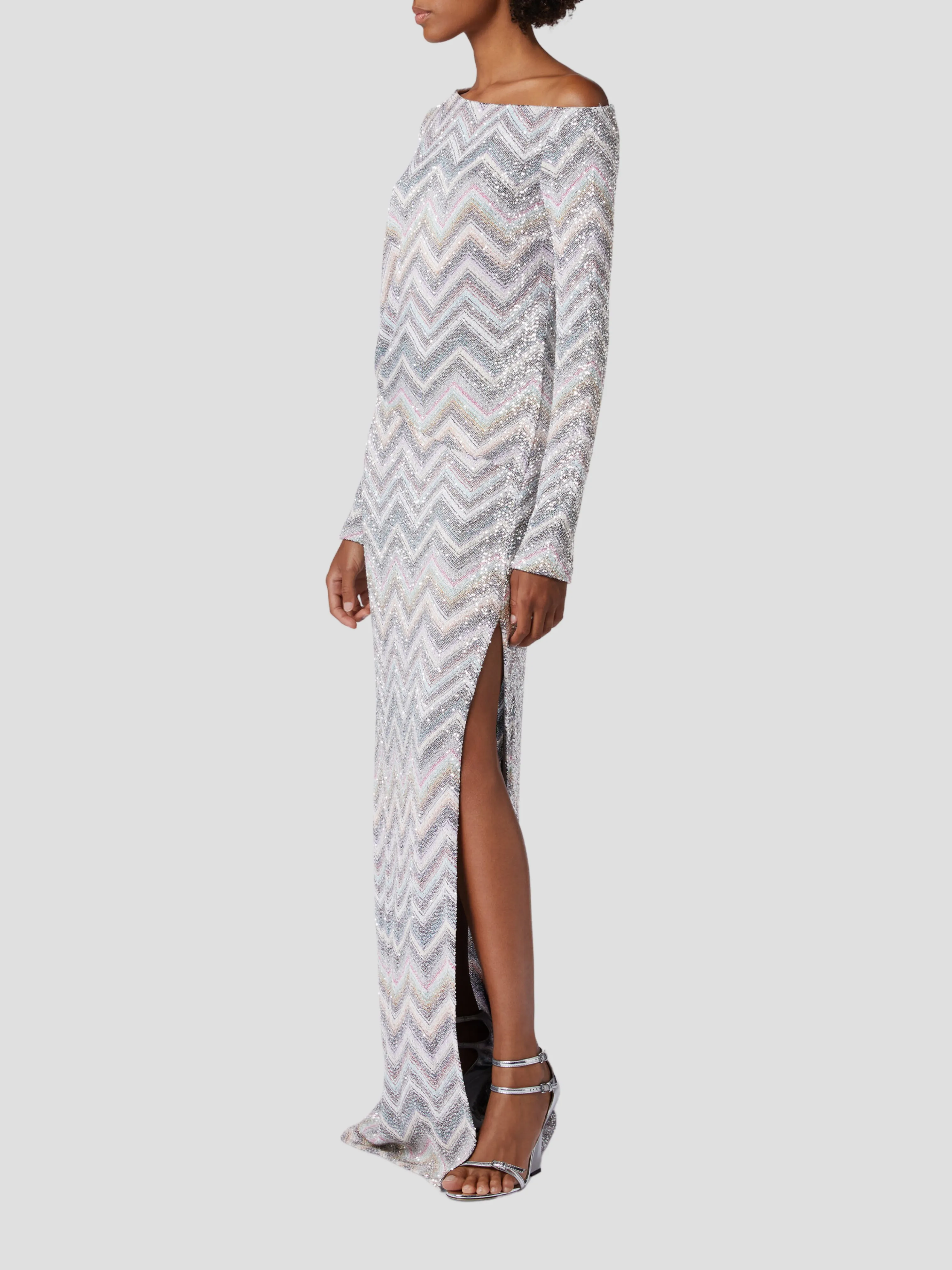 Light Grey Zig Zag Sequins Maxi Dress