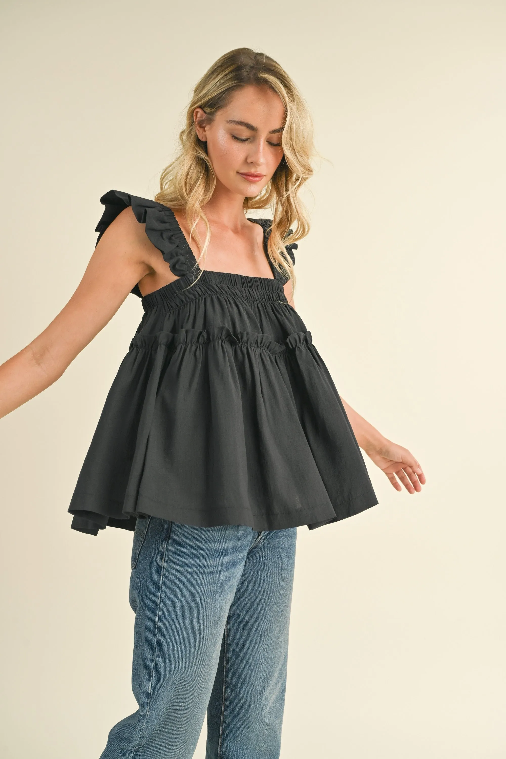 Lily Ruffle Square Neck Tank Top, Black