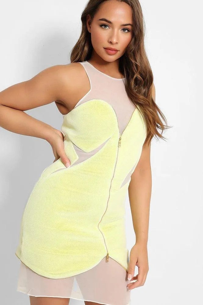 Lime Zip Detail Mesh Structured Mini Dress