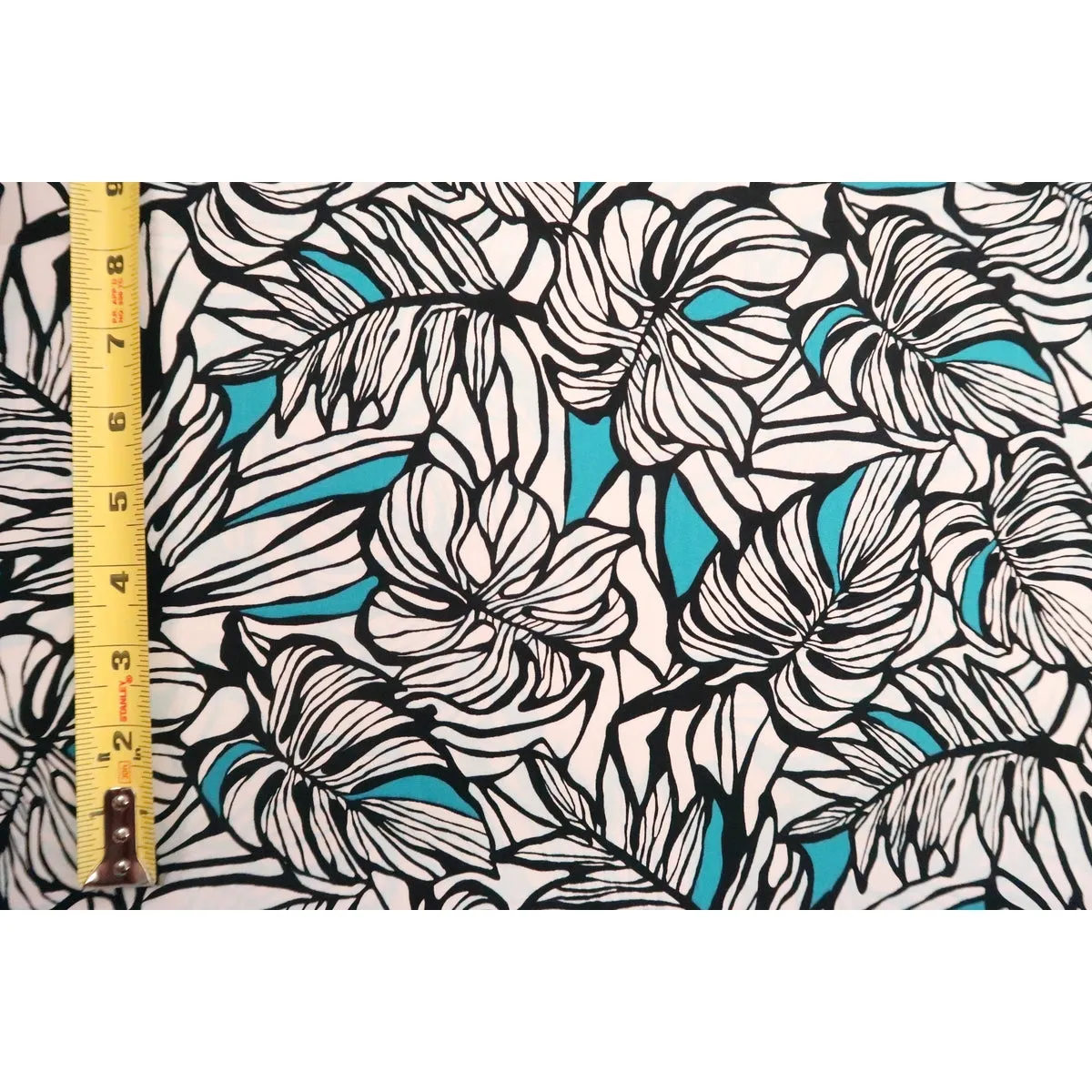 Modern Leaf Print Cotton Fabric -|Turquoise & Black WHT-0010C