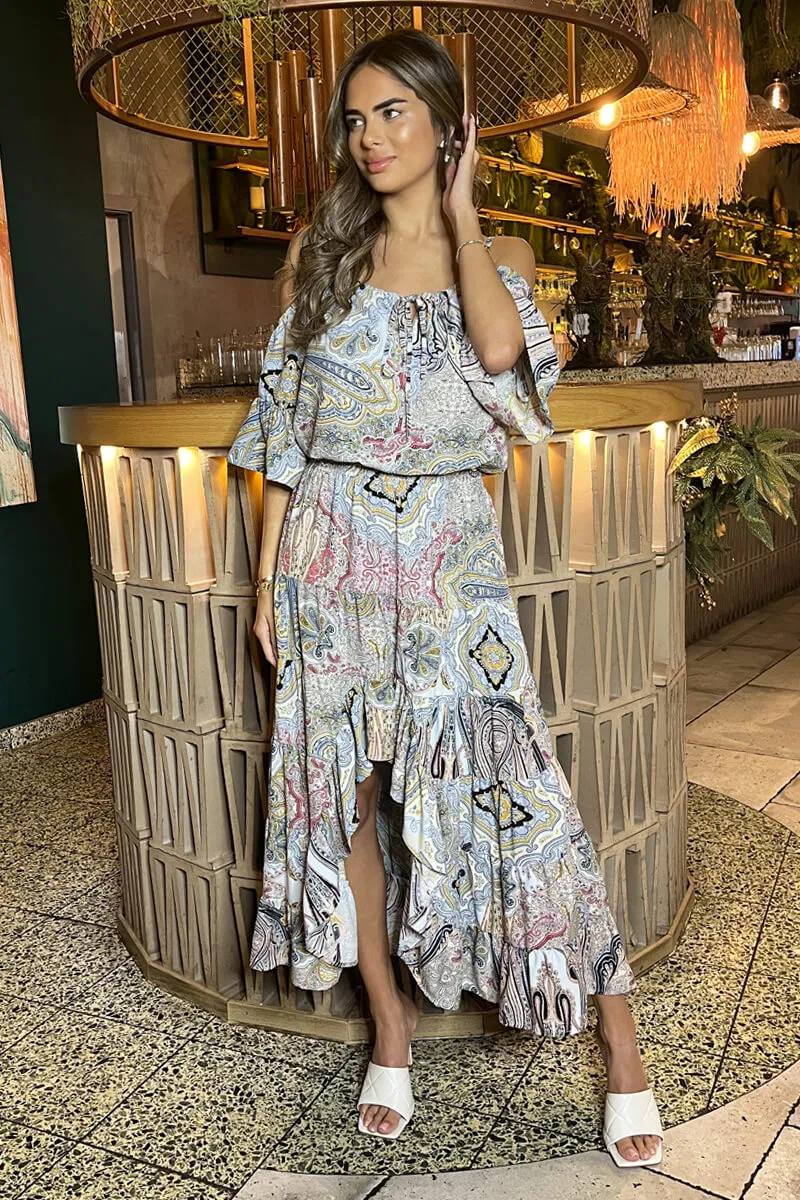 Multi Paisley Printed Cold Shoulder Asymmetric Smock Midi Dress