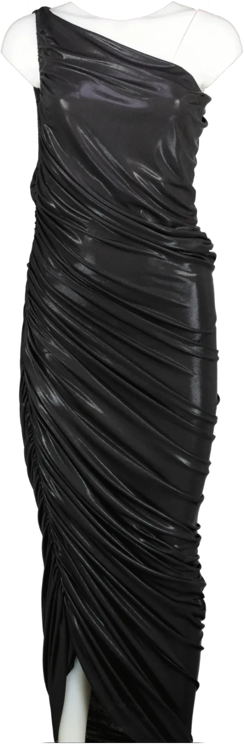 Norma Kamali Shiny Black Ruched One Shoulder Doana Dress UK S