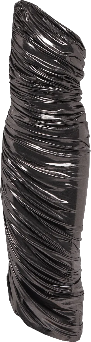 Norma Kamali Shiny Black Ruched One Shoulder Doana Dress UK S