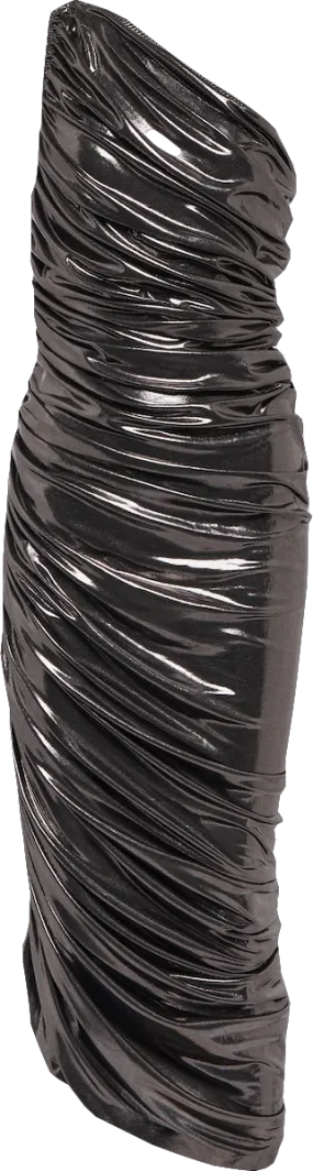 Norma Kamali Shiny Black Ruched One Shoulder Doana Dress UK S