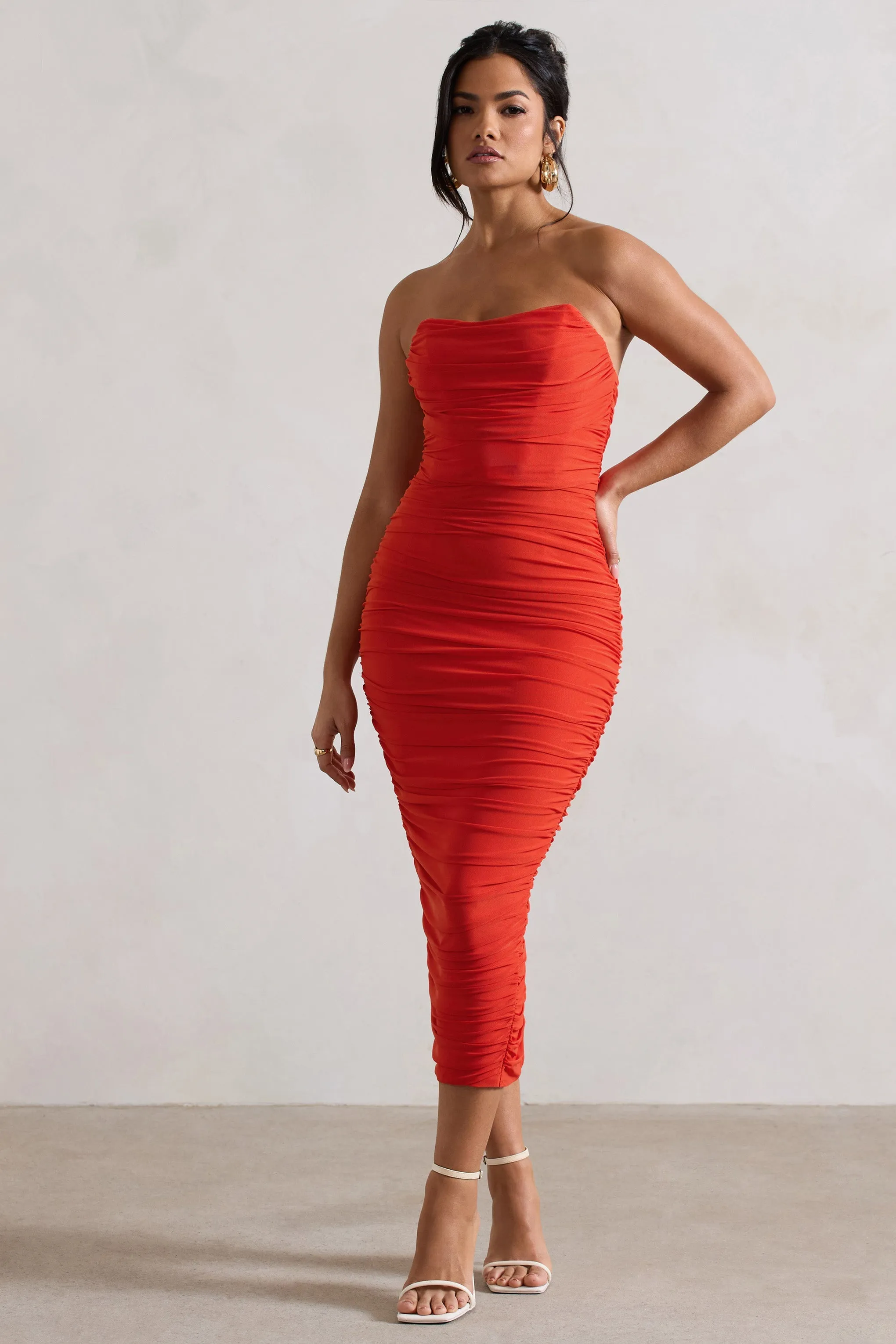 Nylah | Orange Ruched Corset Bodycon Midi Dress