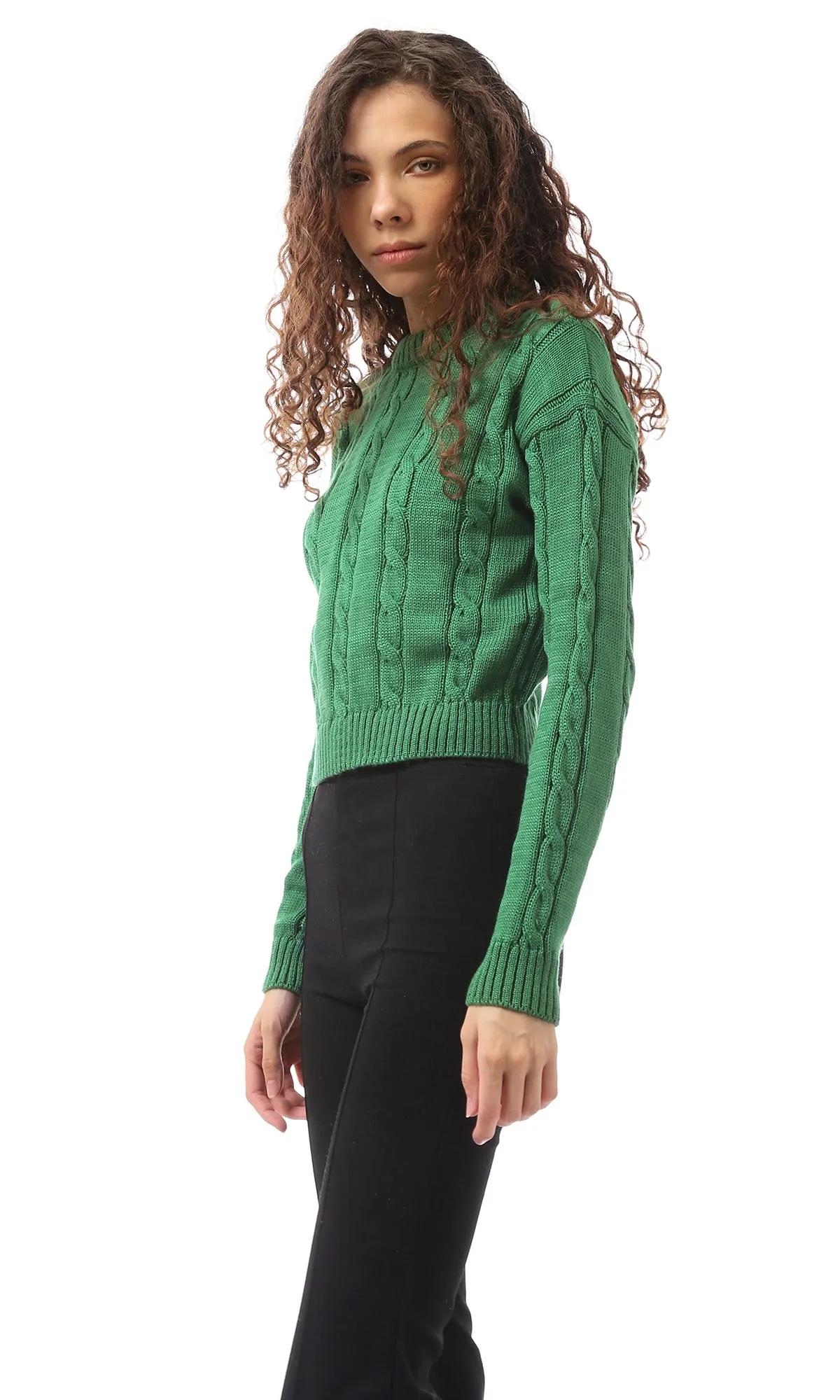 O169347 Knitted Slip On Round Neck Green Pullover