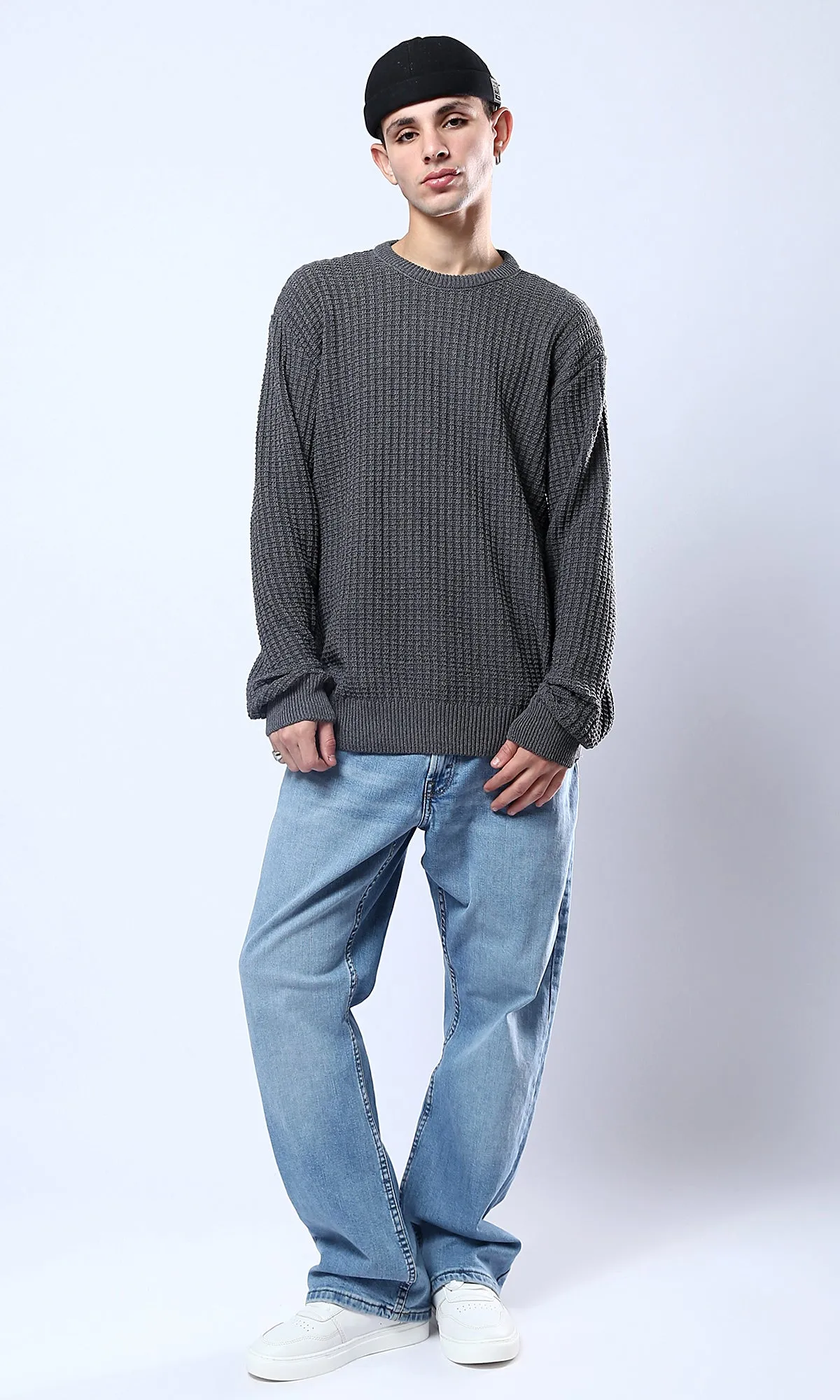 O176370 Dark Grey Pullover With Ribbed Round Neck