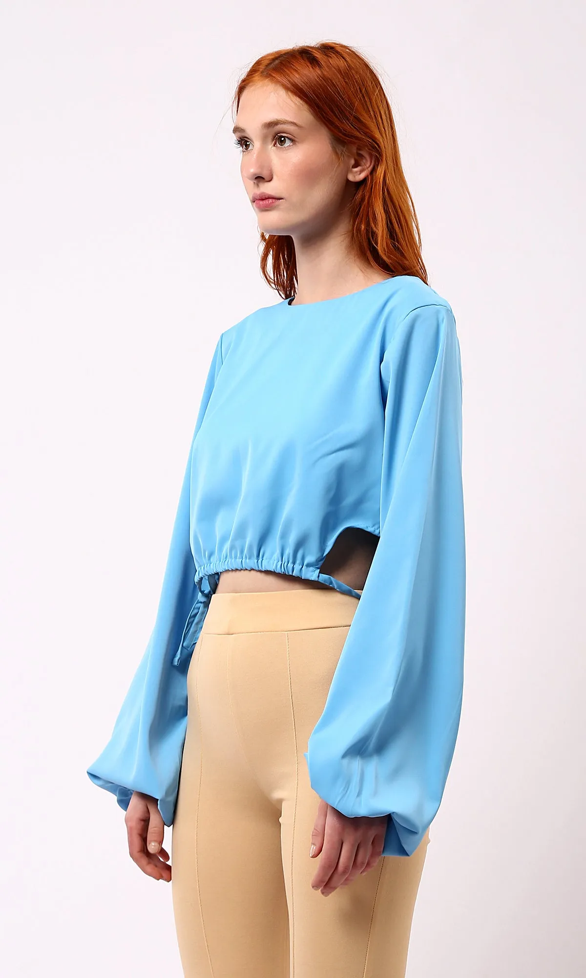 O188405 Solid Sky Blue Short Blouse With Boat Neck